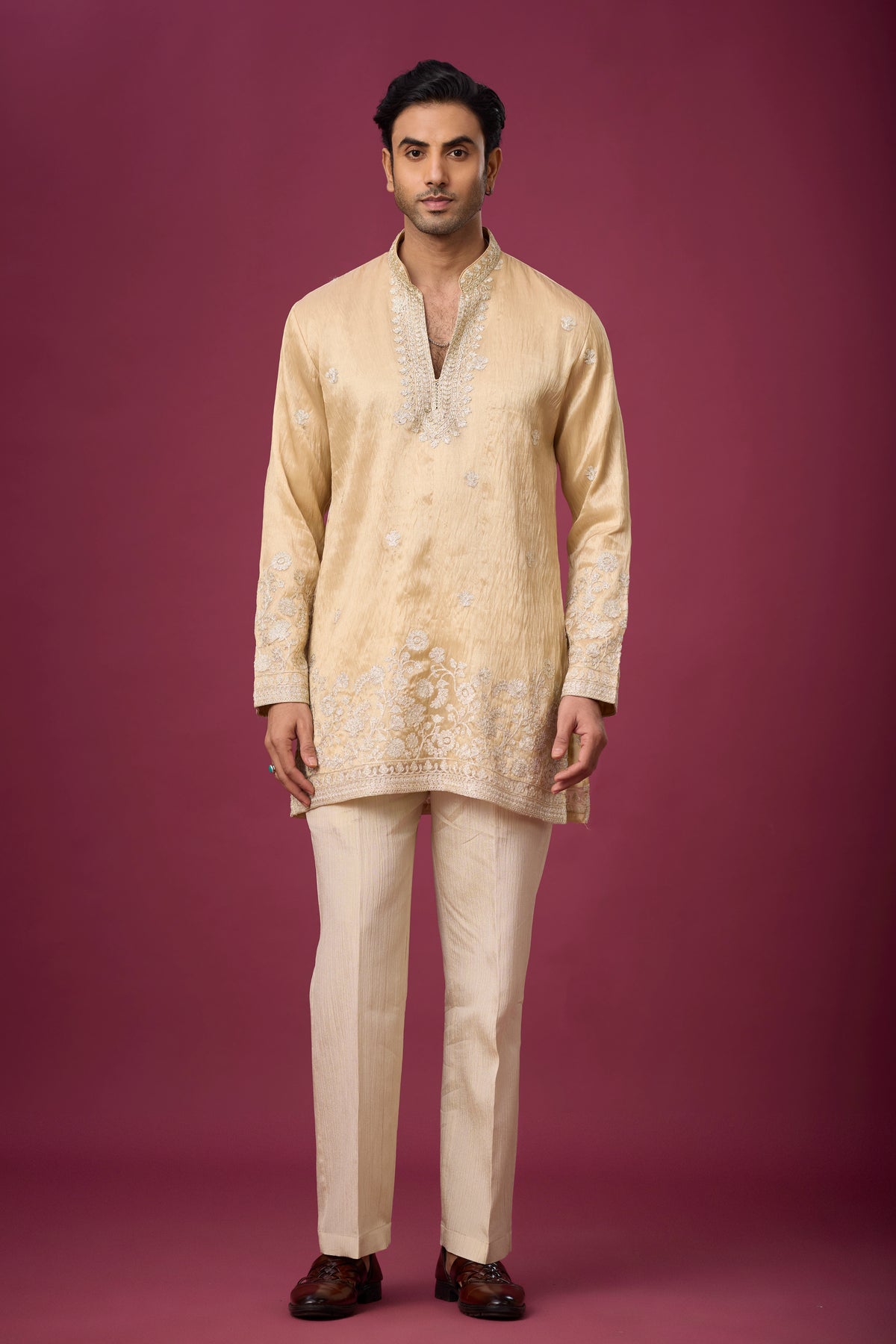 Champagne Gold Floral Border Kurta Set