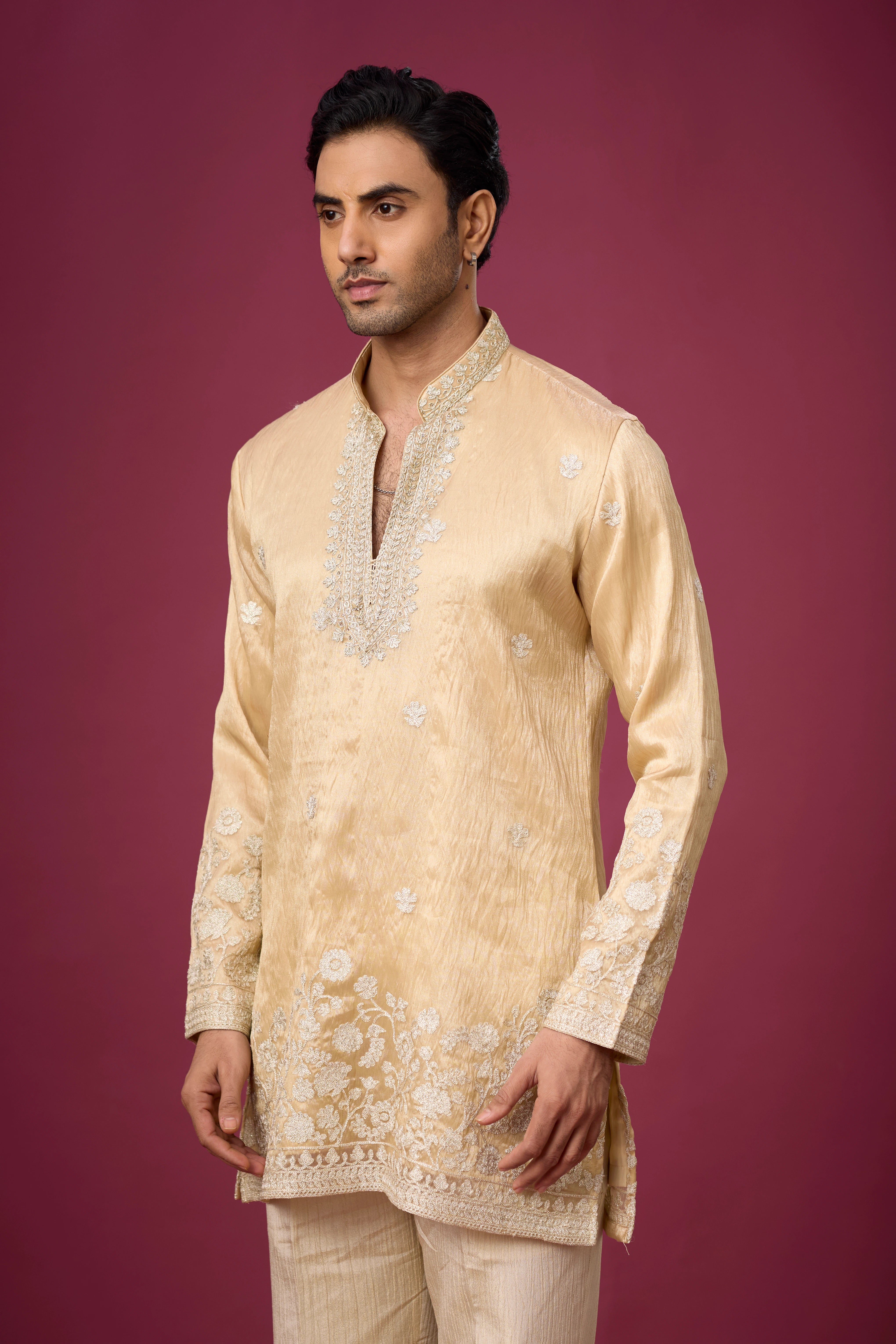 Champagne Gold Floral Border Kurta Set