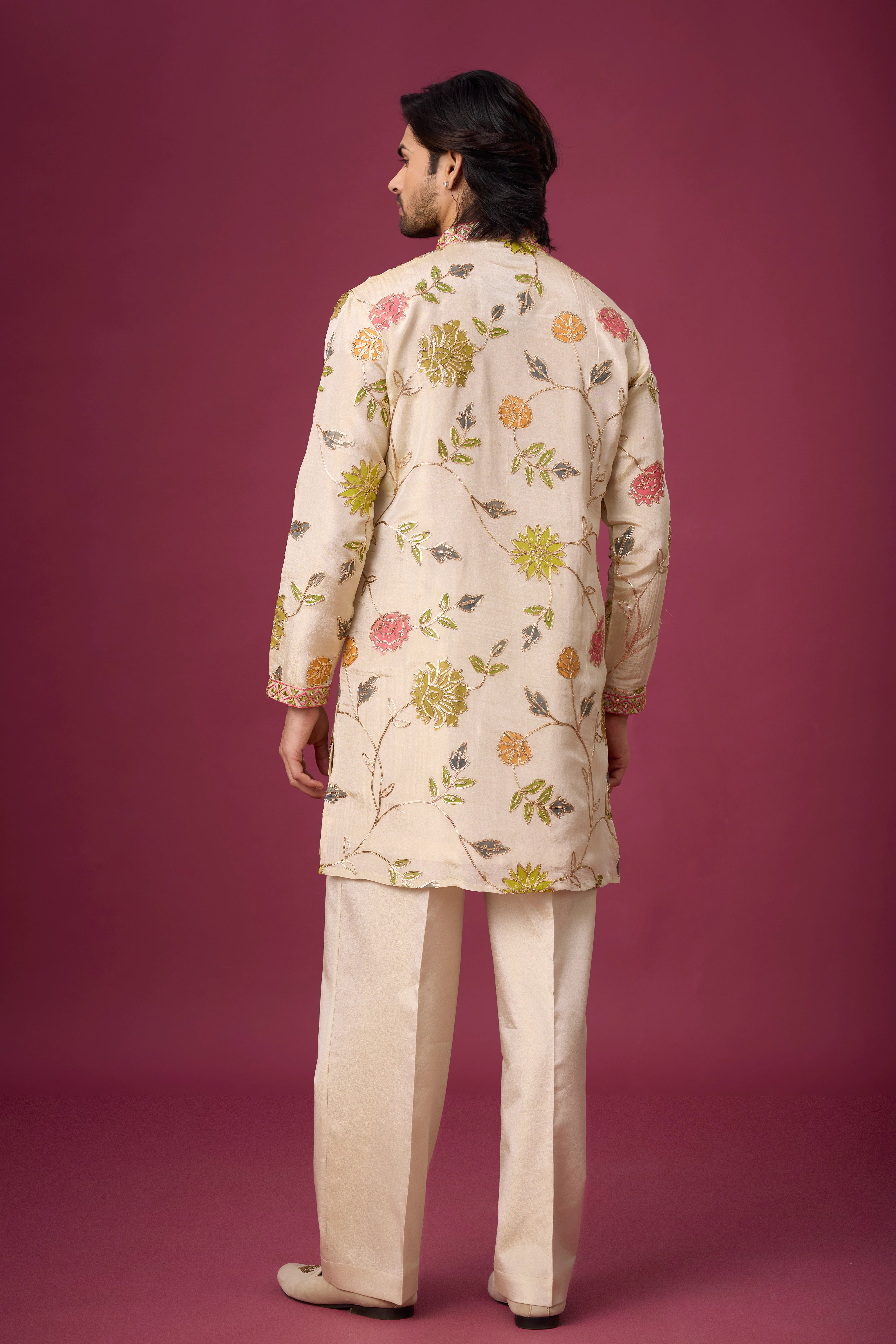 Ivory Botanical Bloom Kurta Pajama Set – Front View | Mahavir NX