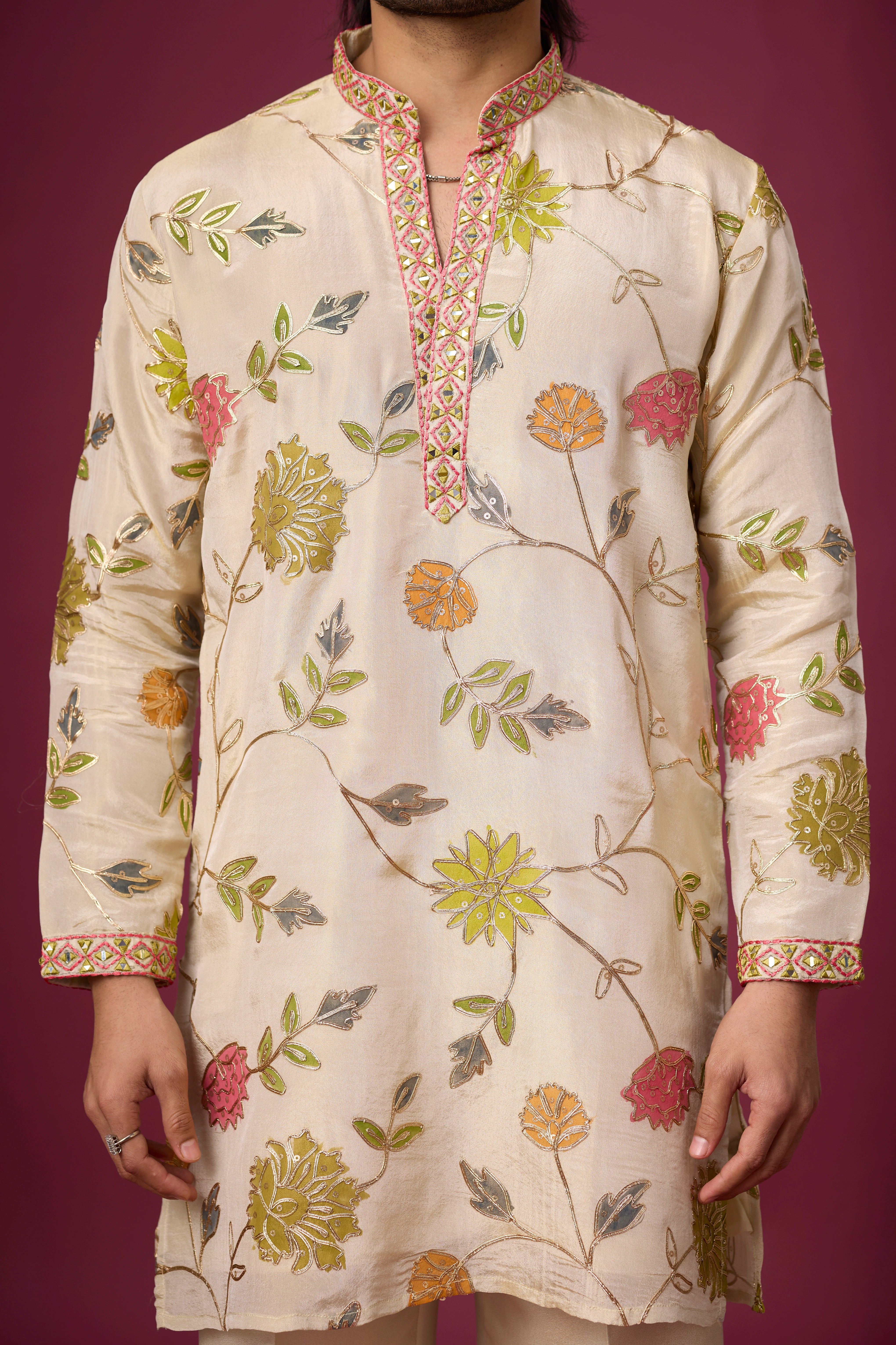 Designer Ivory Botanical Ethnic Kurta Set – Side View | Mahavir NX