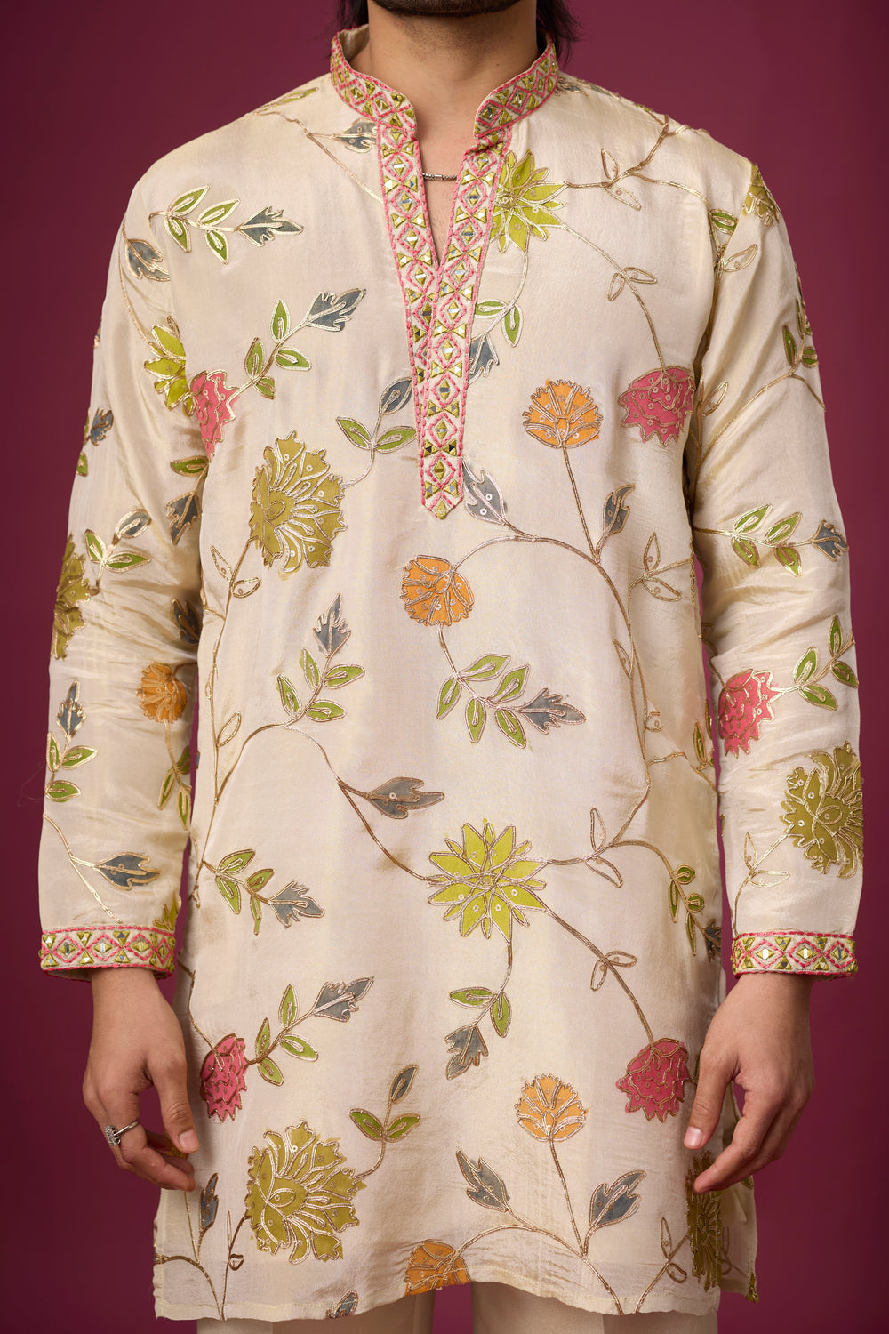 Designer Ivory Botanical Ethnic Kurta Set – Side View | Mahavir NX