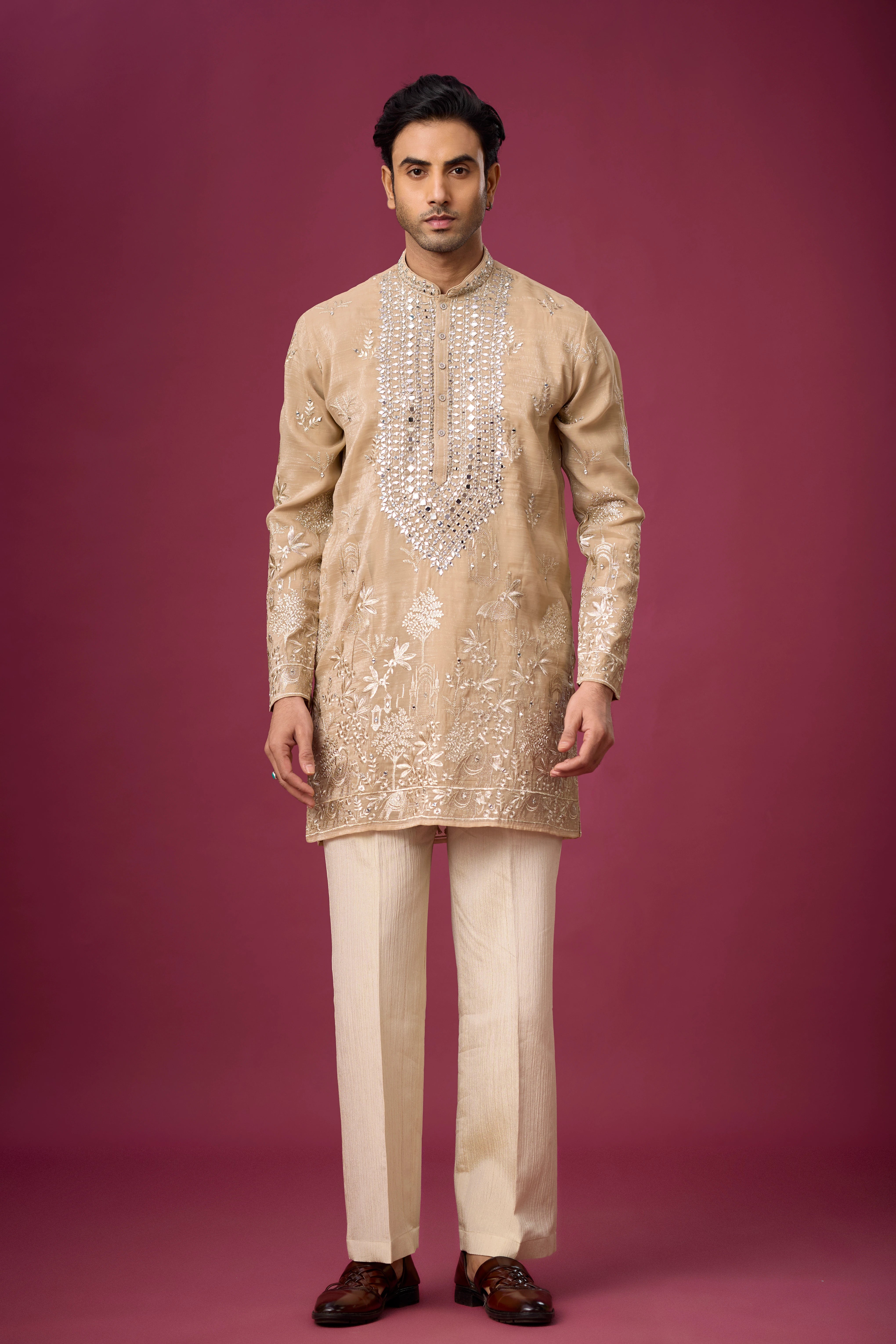 Champagne Beige Mirrorwork Heritage Kurta Set
