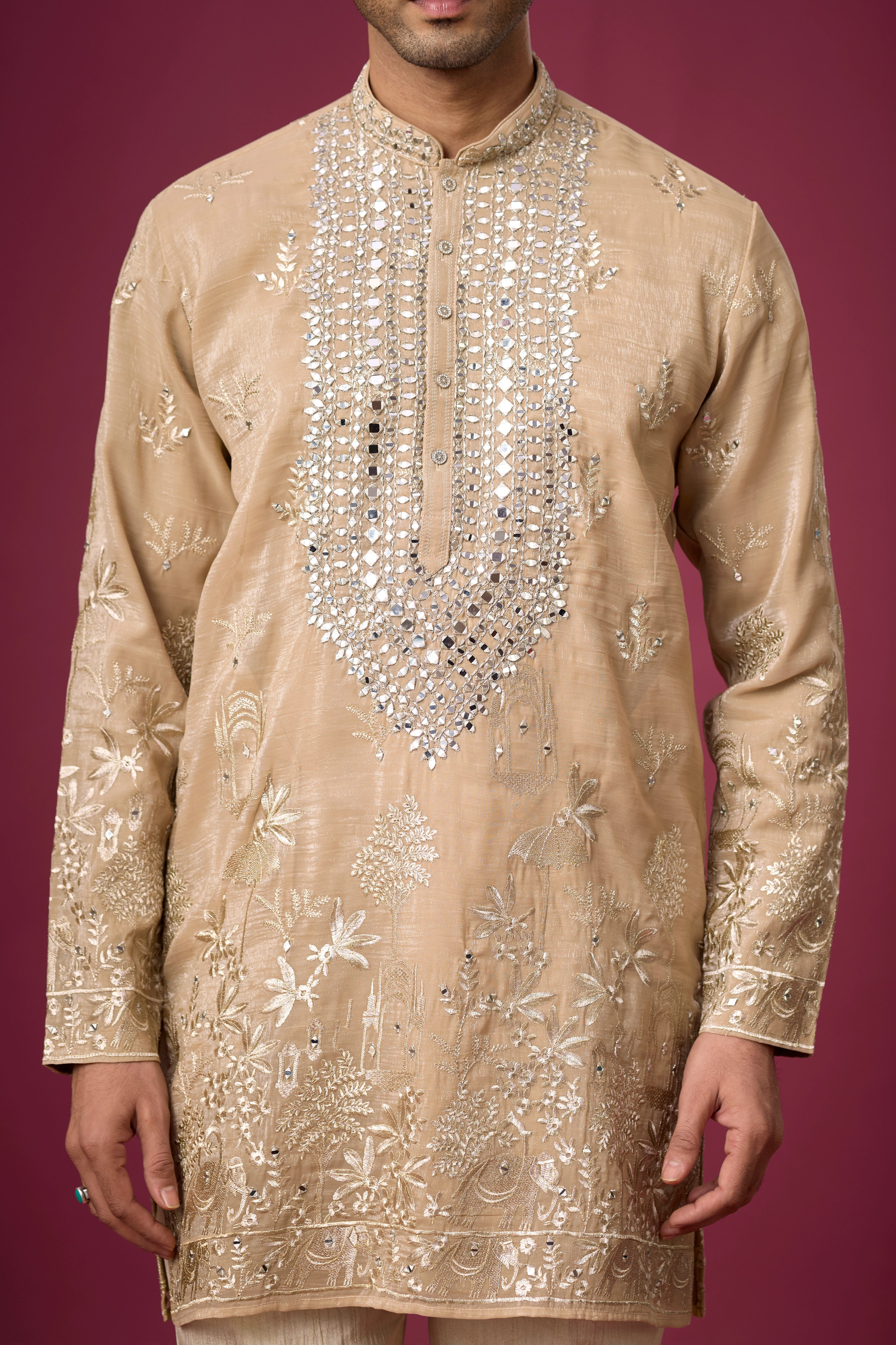 Champagne Beige Mirrorwork Heritage Kurta Set