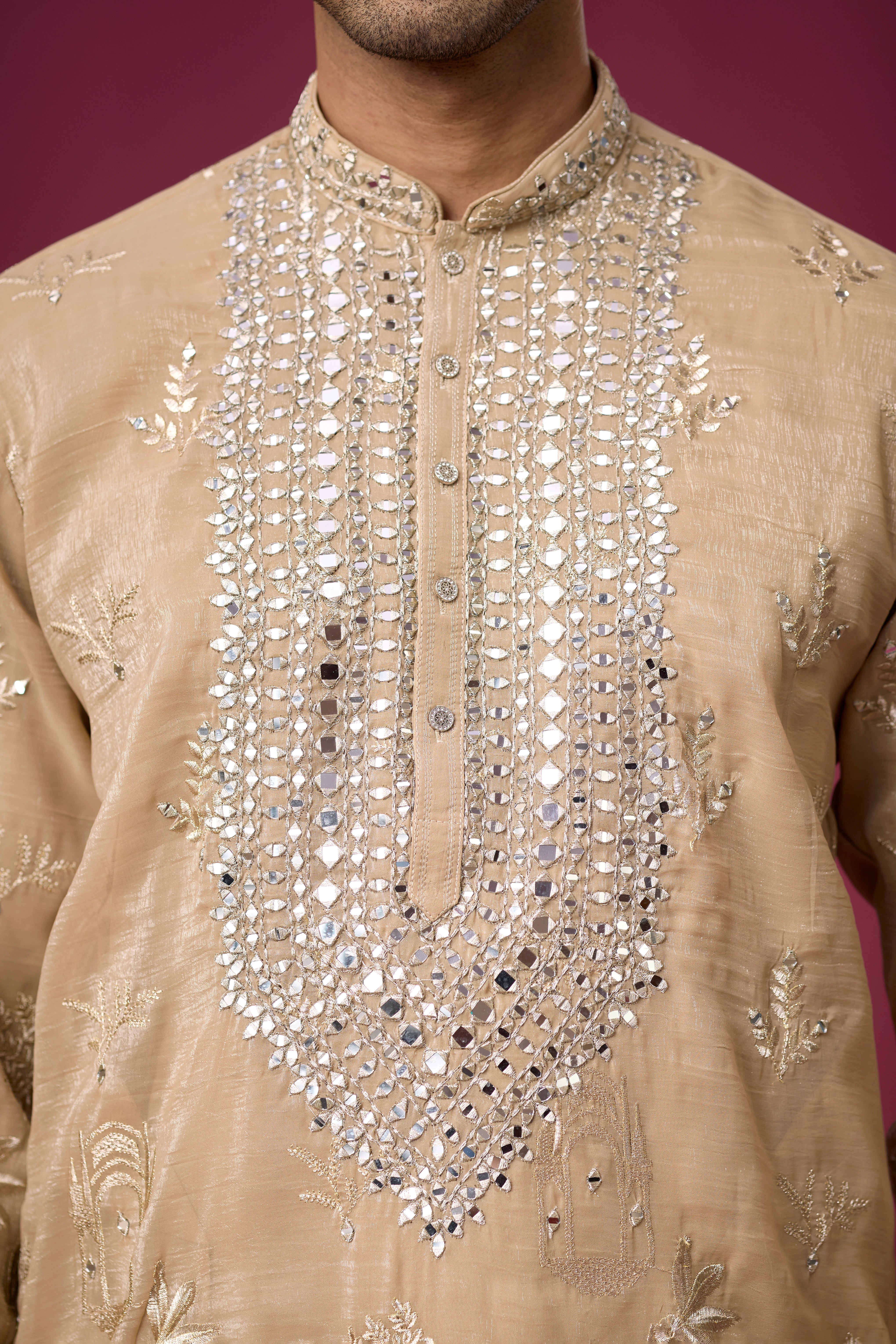 Champagne Beige Mirrorwork Heritage Kurta Set
