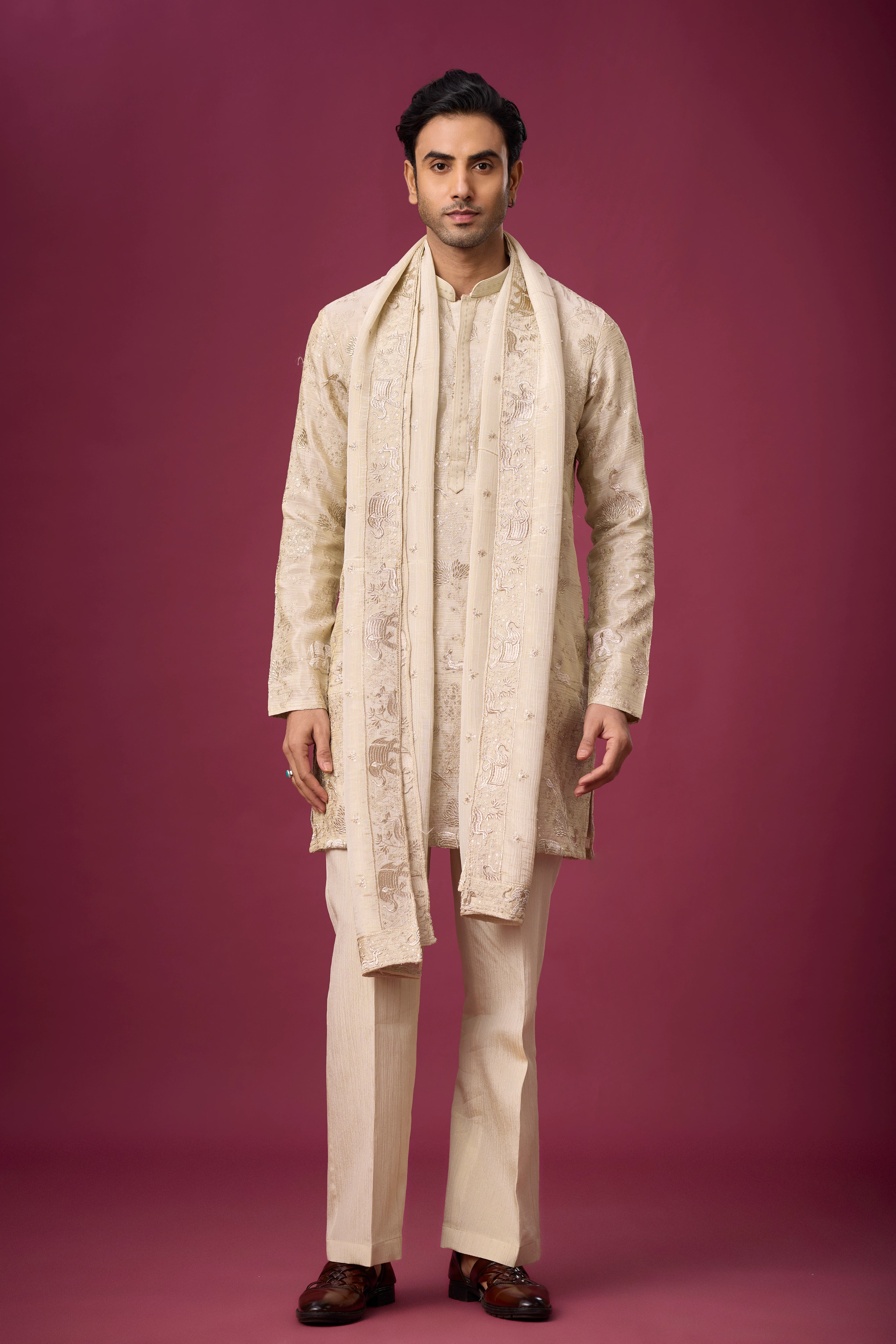 Champagne Beige Regal Peacock Motif Kurta Set for Men | Mahavir NX