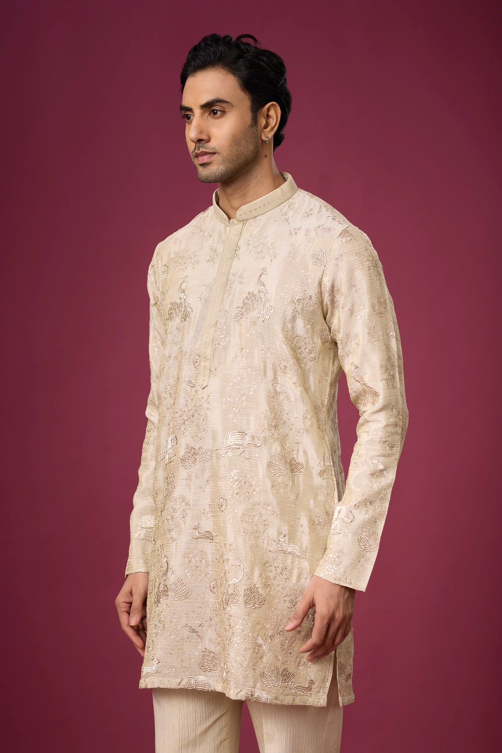 All-Over Tonal Peacock Ornamental Kurta – Wedding & Reception Wear | Mahavir NX