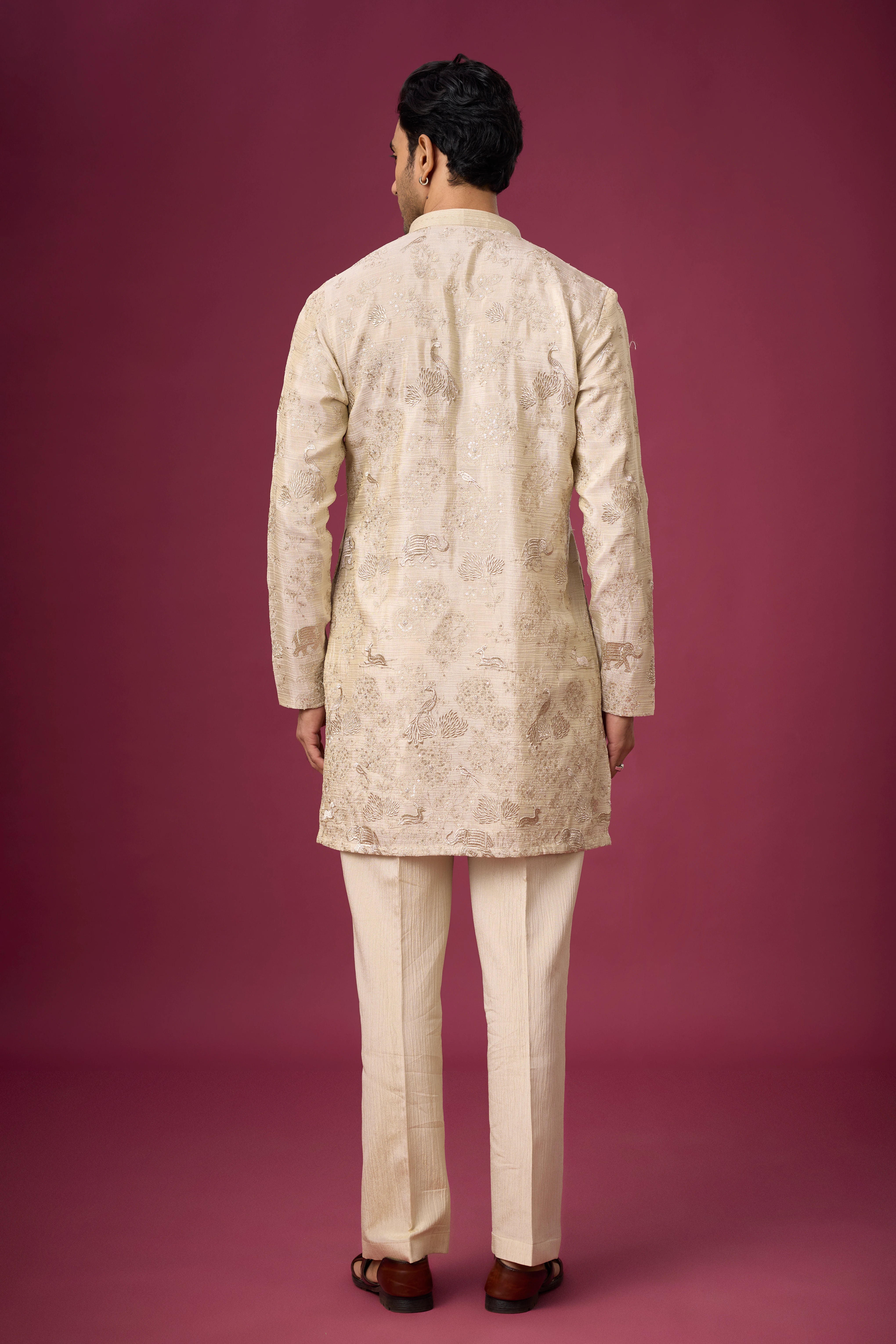 Champagne Beige Peacock Motif Kurta Pajama Set – Front View | Mahavir NX