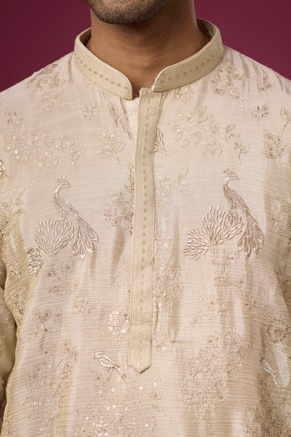 Champagne Beige Regal Peacock Kurta Set for Men – Full Length View | Mahavir NX