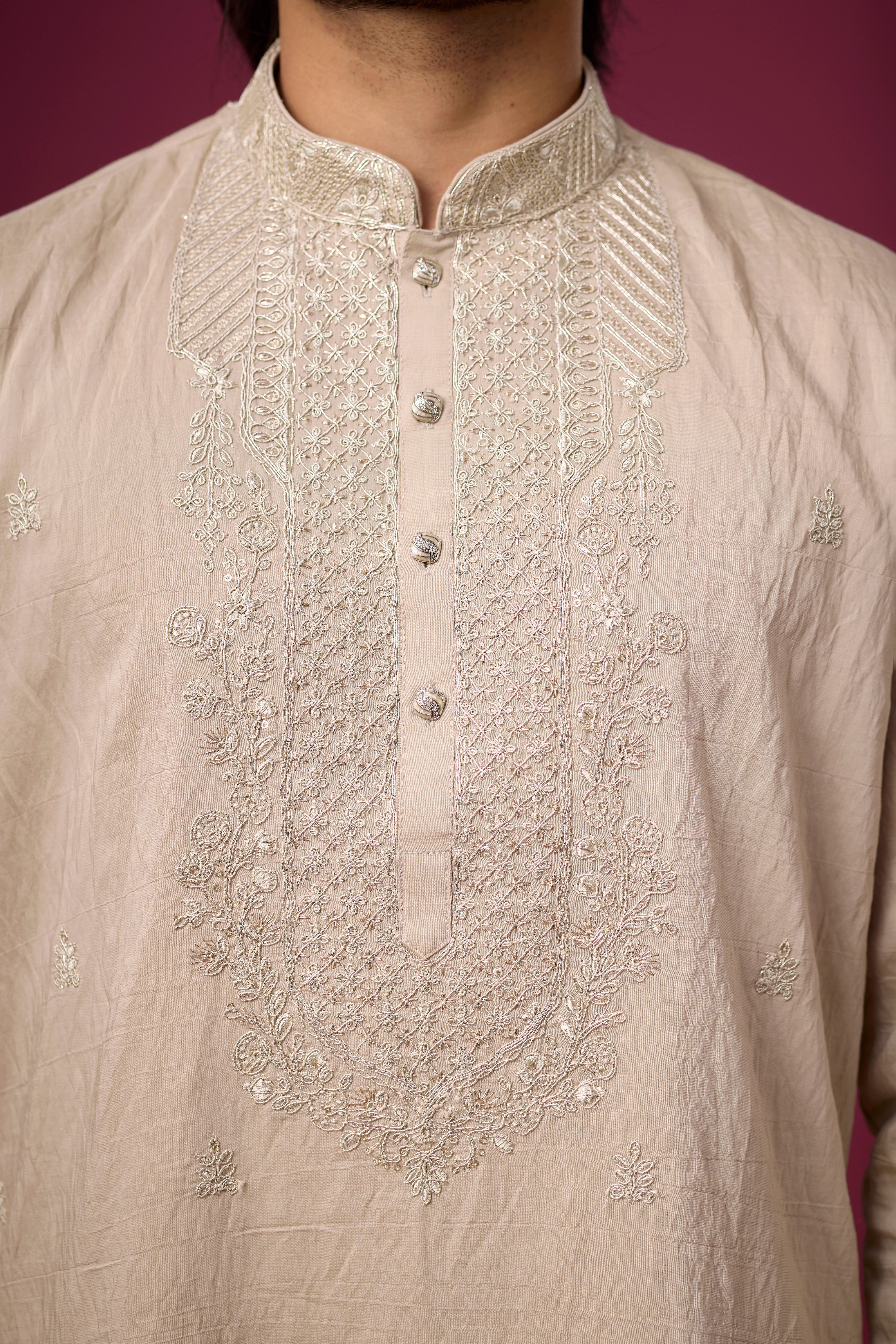 Ivory Sand Embroidered Kurta with Draped Stole – Full Length View | Mahavir NX