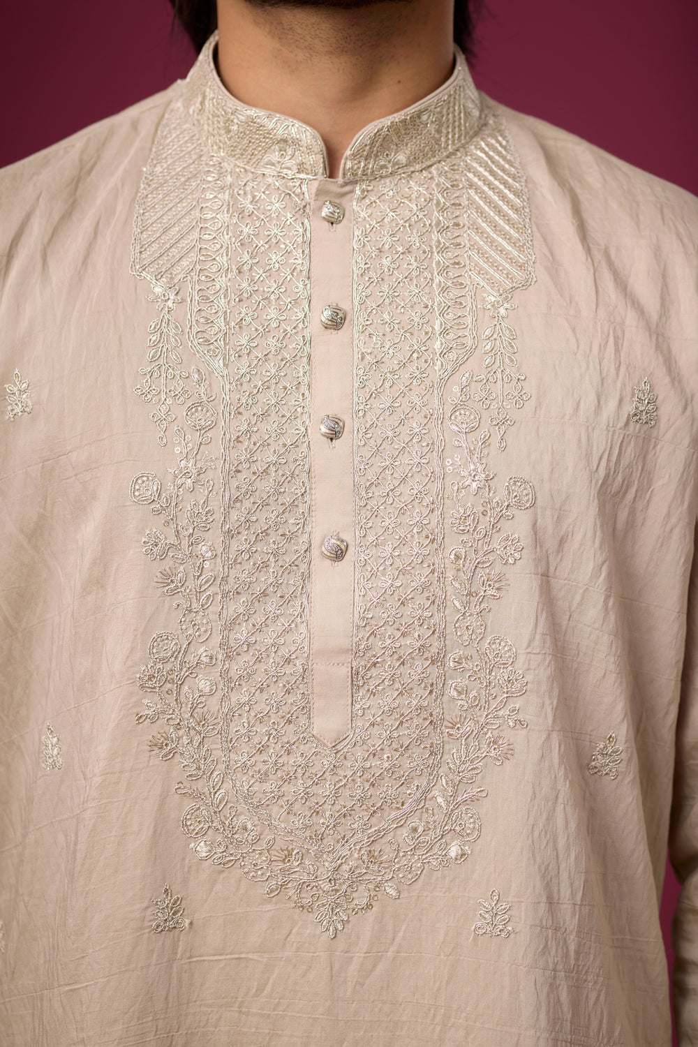 Ivory Sand Embroidered Kurta with Draped Stole – Full Length View | Mahavir NX