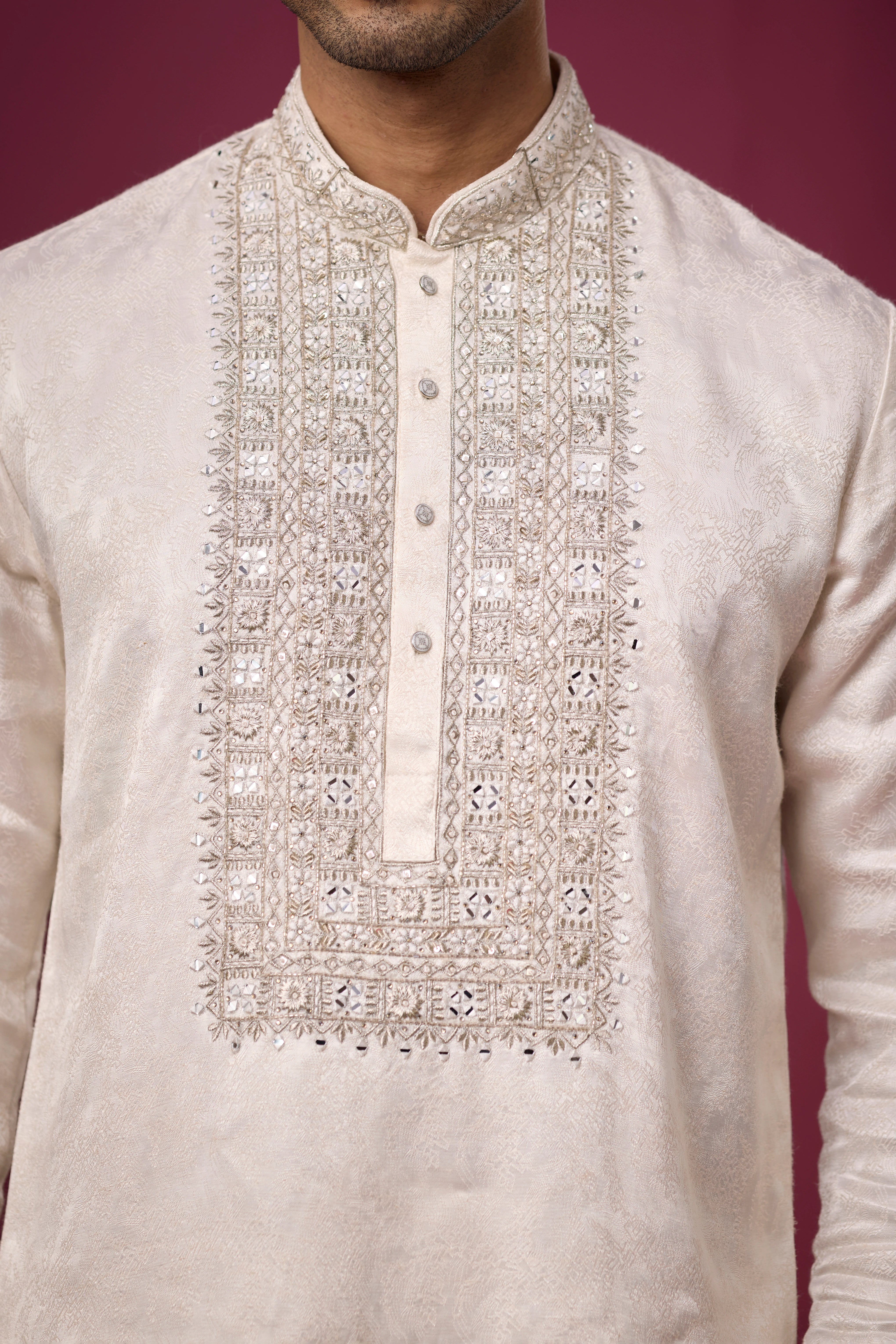 Premium Pearl Embroidered Ivory Ethnic Kurta – Full Length View | Mahavir NX