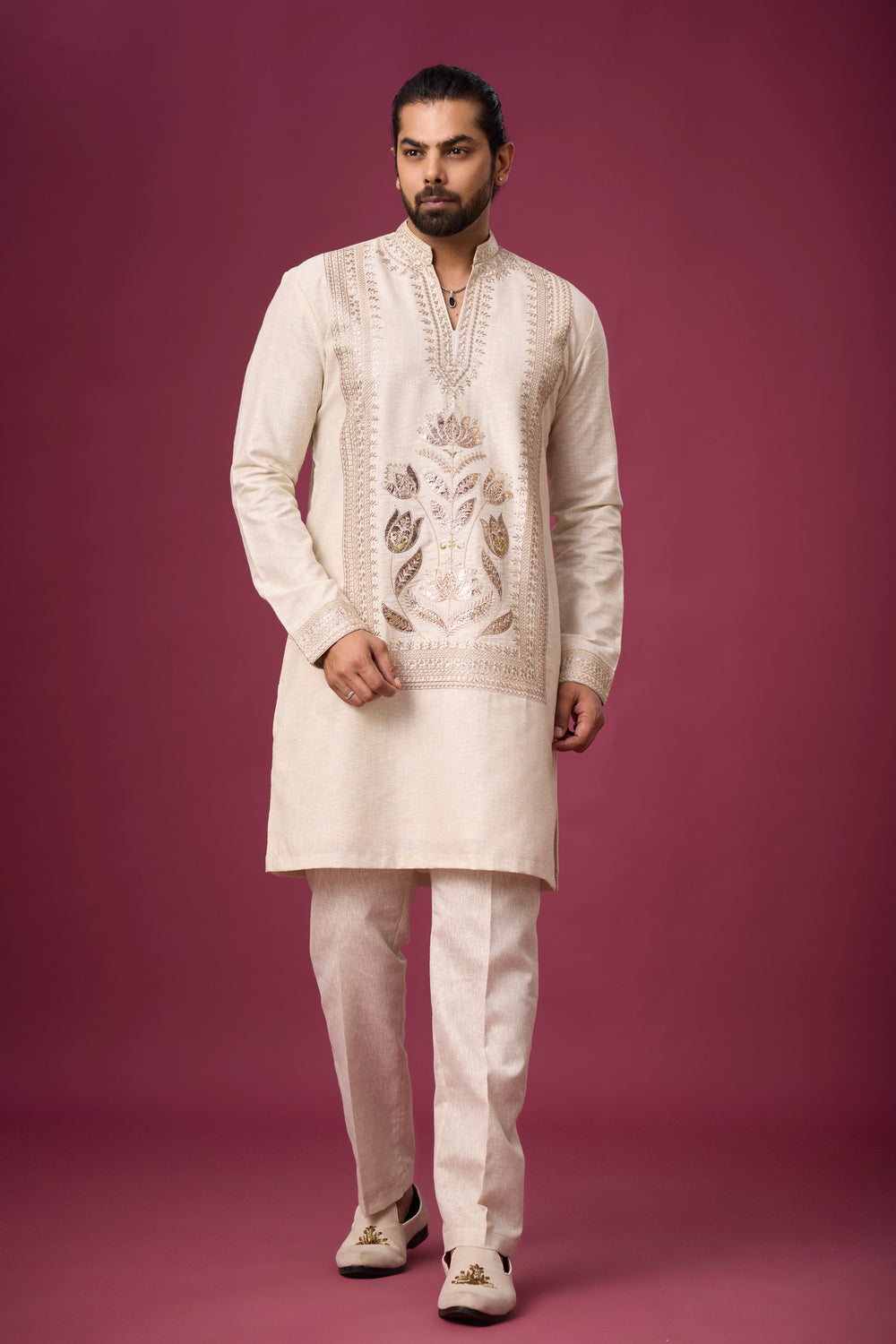 New Arrival Kurta for Men – Ivory Heritage Floral Embroidered Set | Mahavir NX