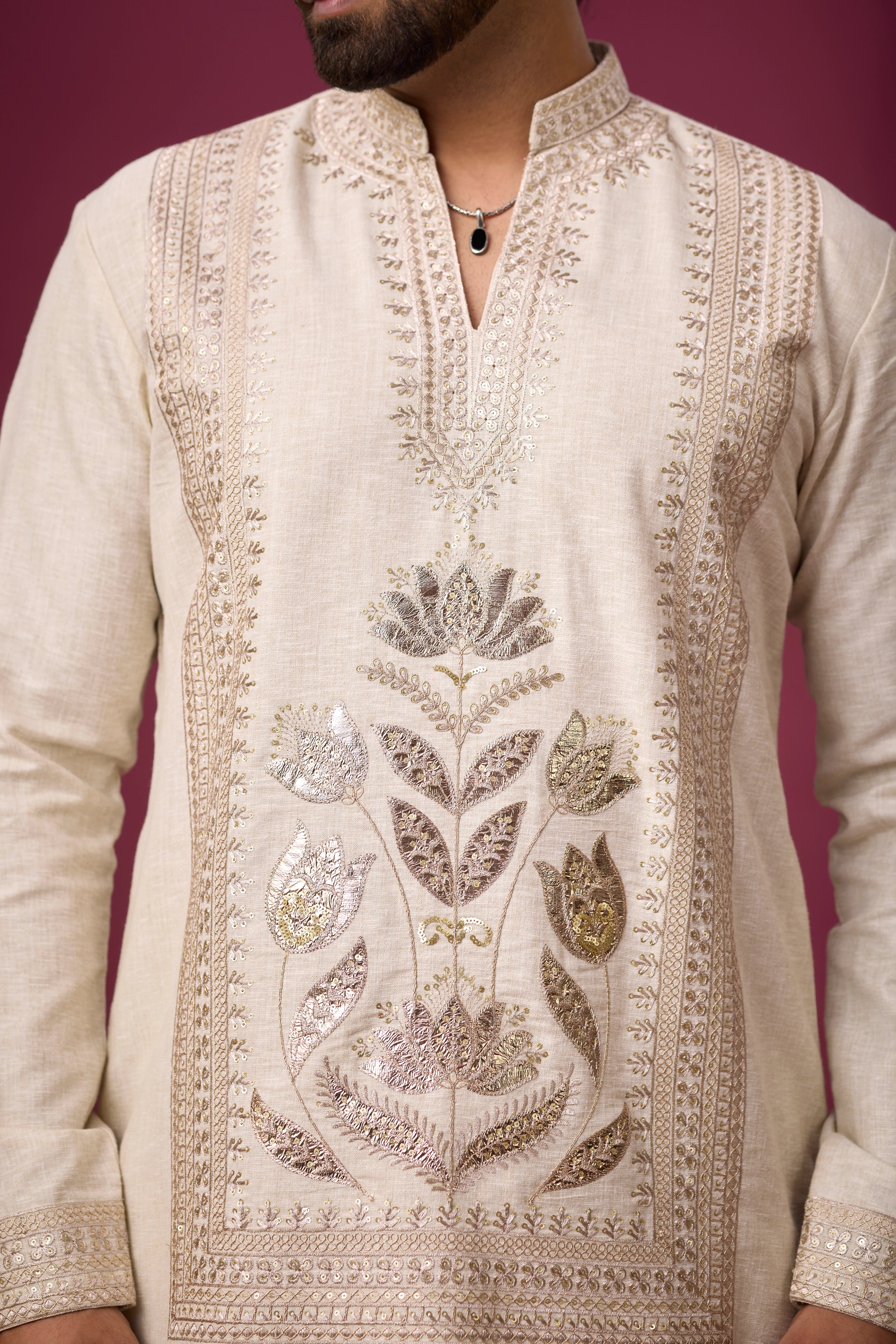 Ivory Heritage Floral Embroidered Kurta Set for Men – Full Length View | Mahavir NX