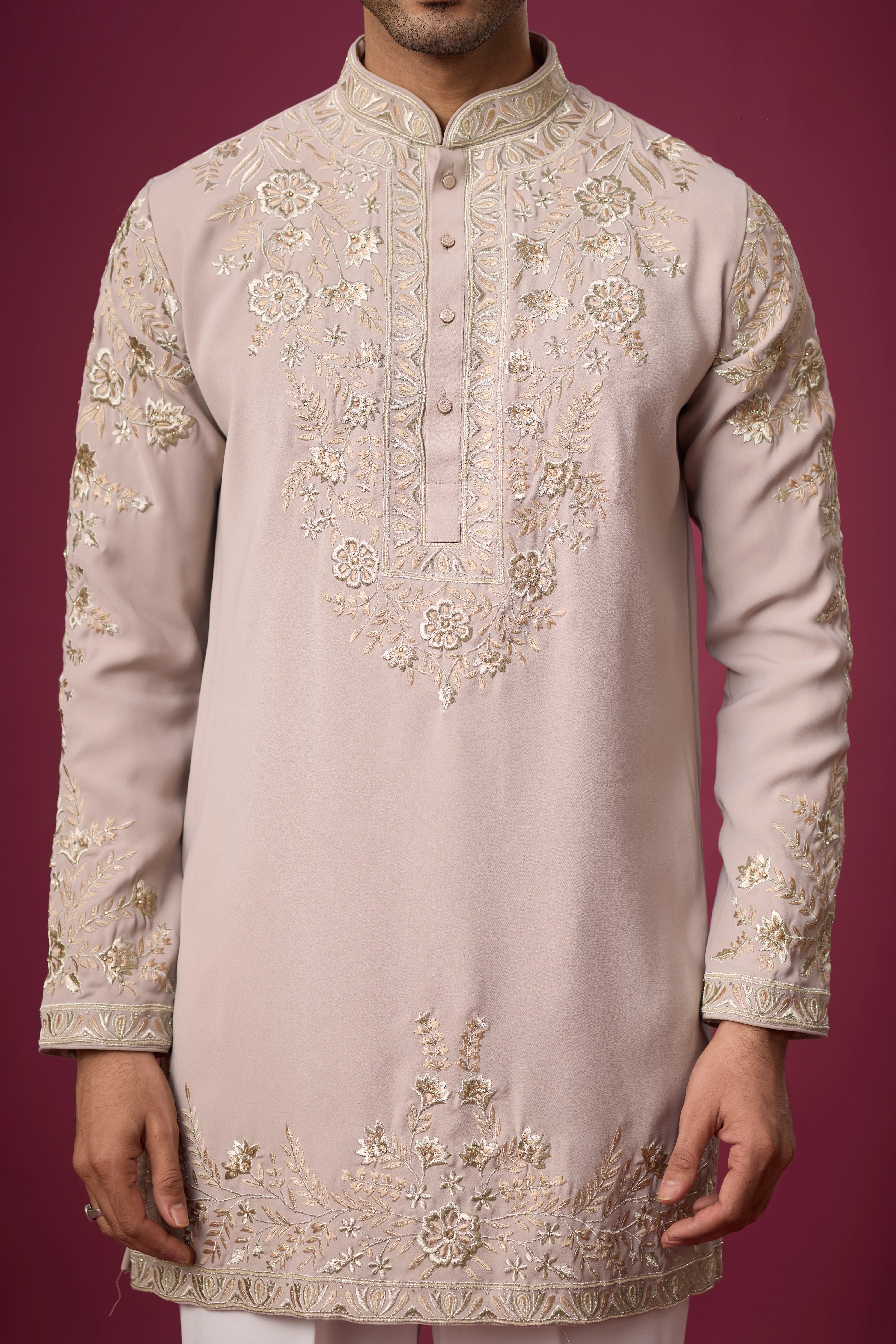 Blush Pearl Floral Kurta Pajama Set – Front View | Mahavir NX