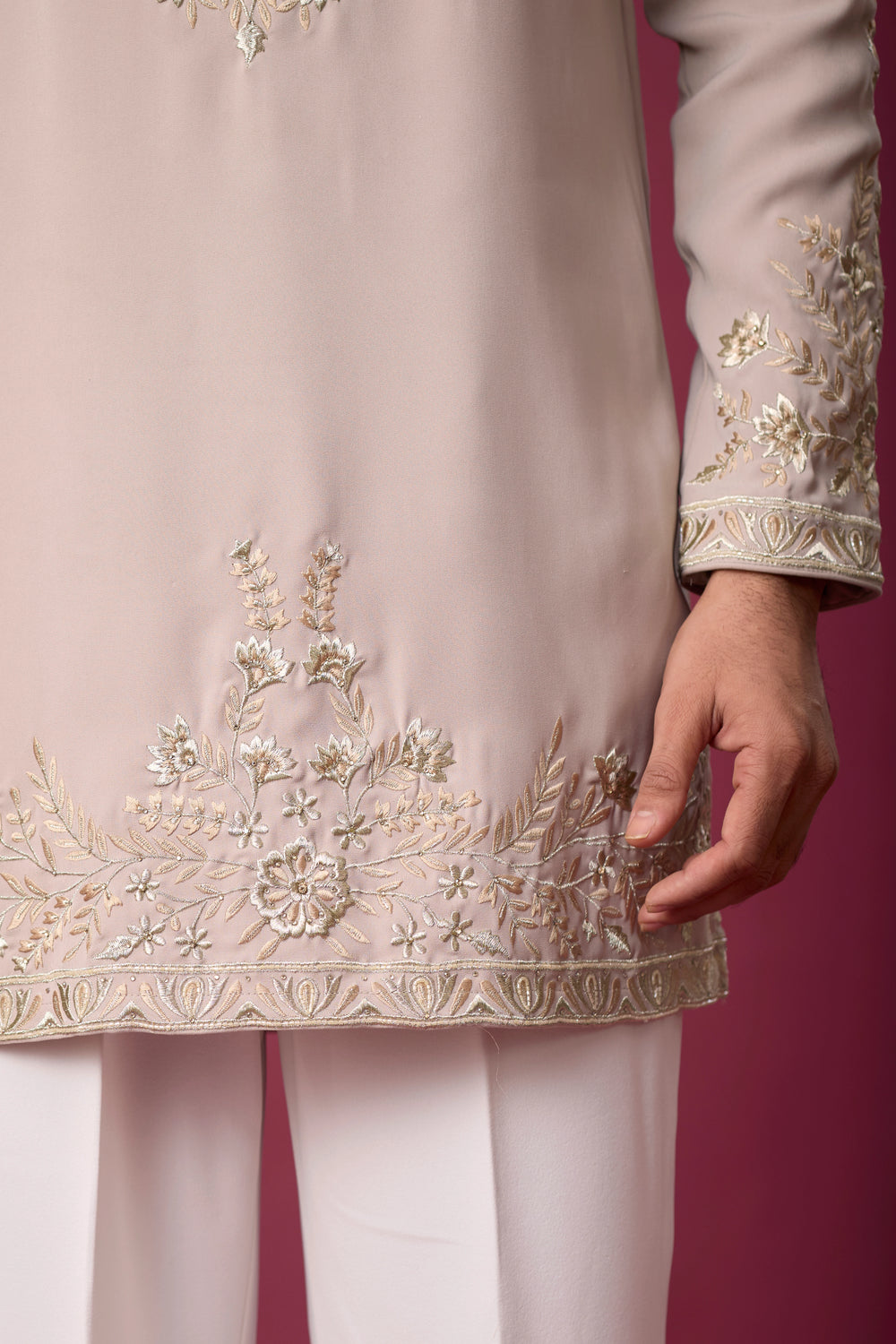 Blush Pearl Floral Embroidered Kurta Set for Men – Full Length View | Mahavir NX