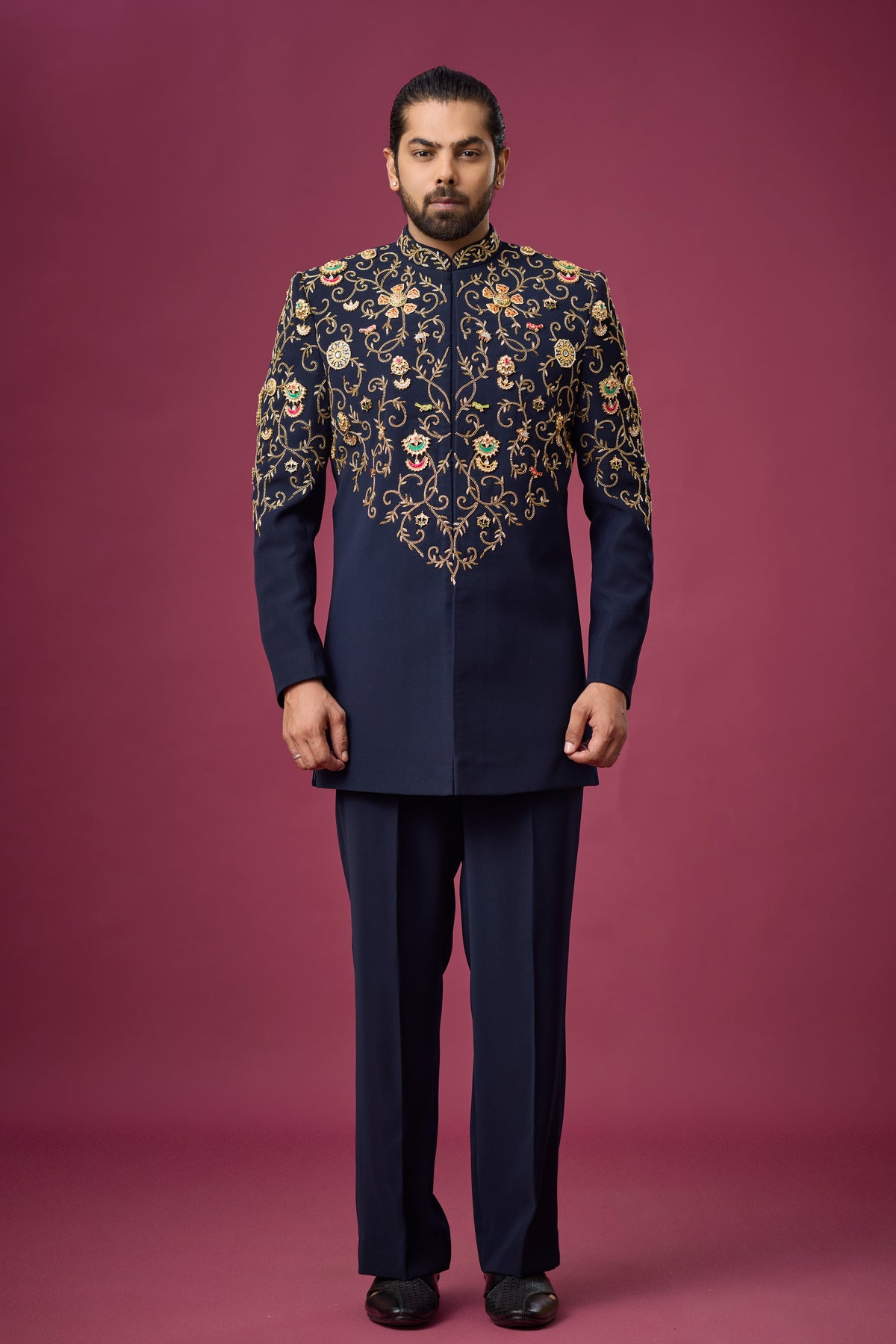 Midnight Regal Gold Vine Embroidered Indo-Western Set