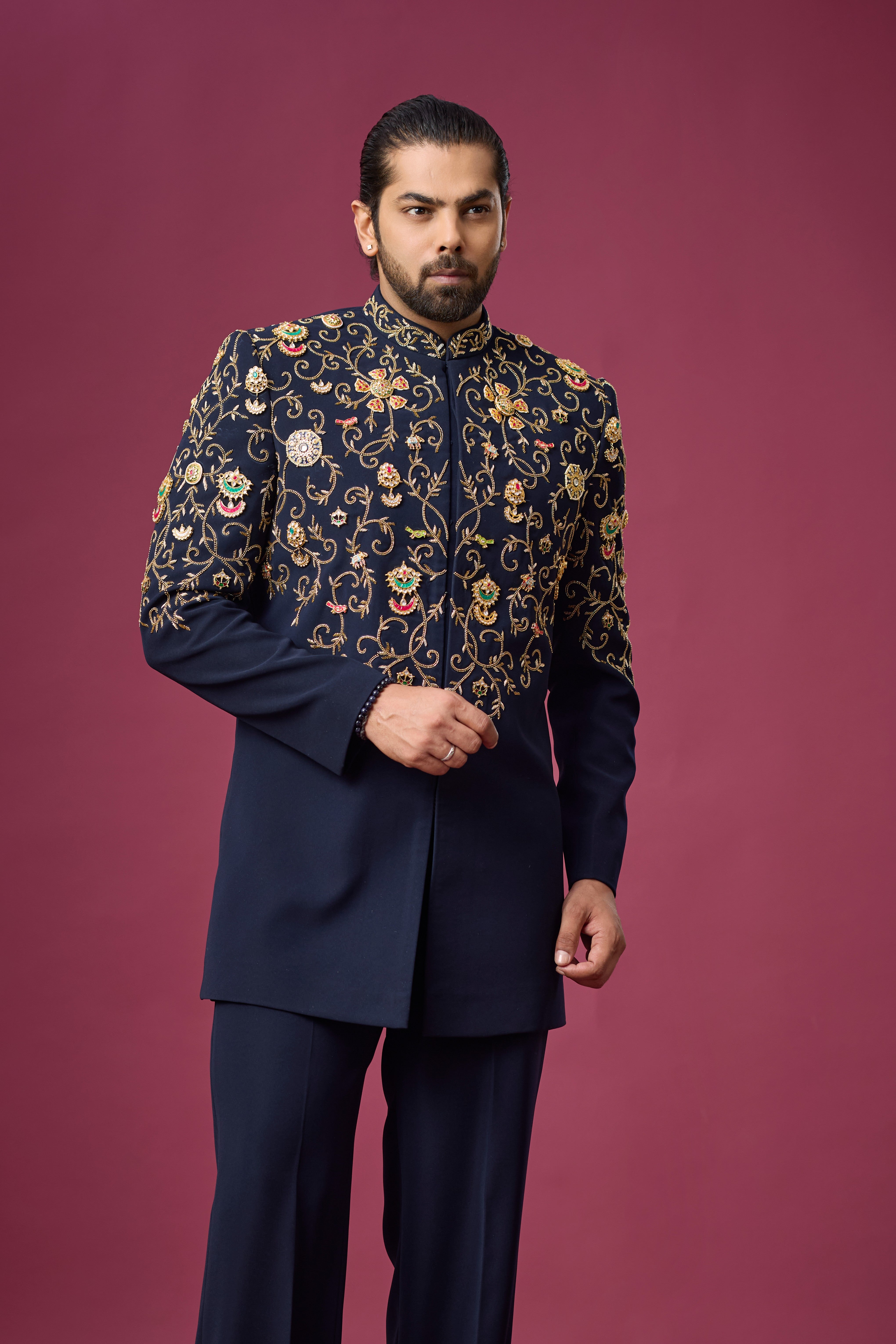 Midnight Regal Gold Vine Embroidered Indo-Western Set