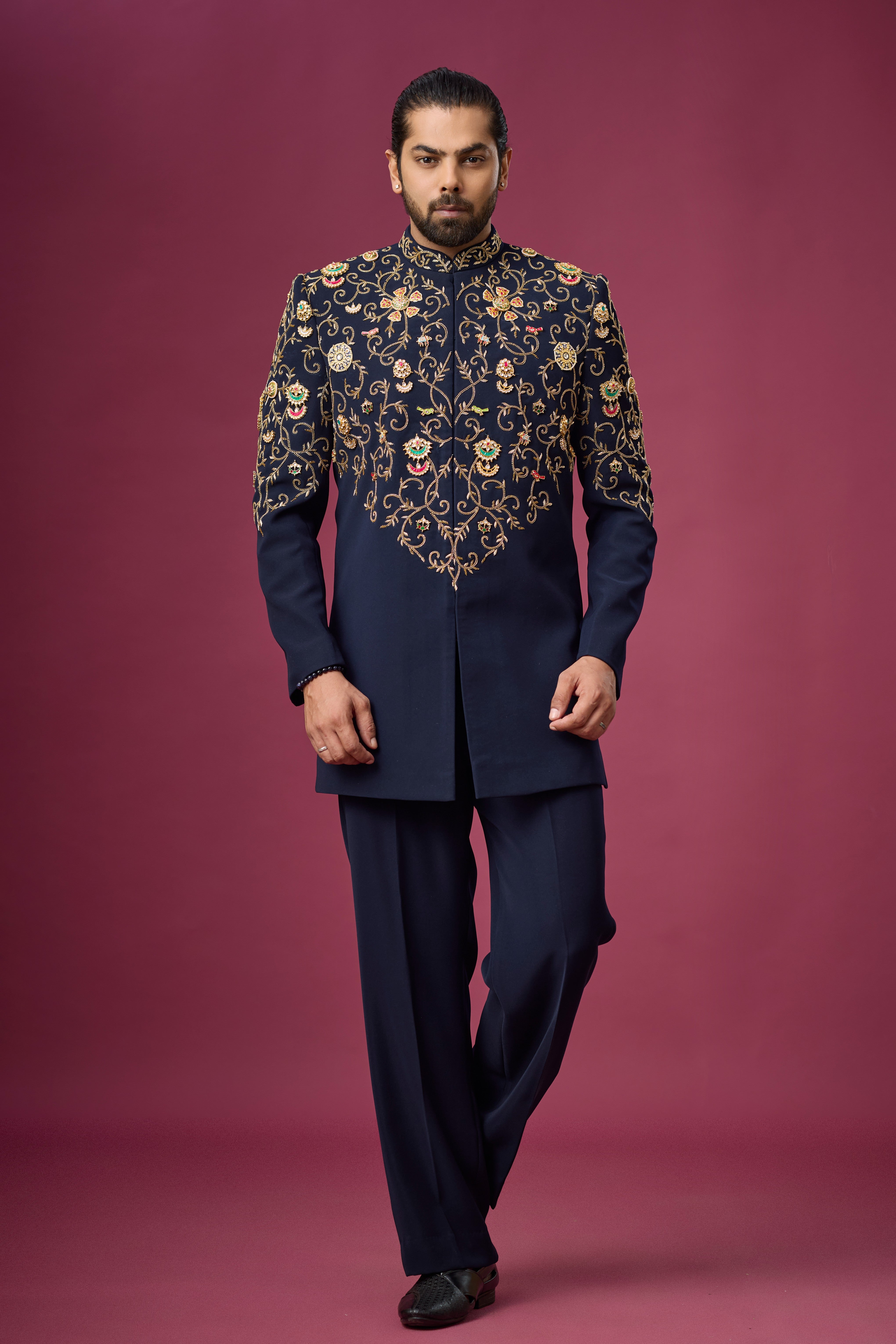 Midnight Regal Gold Vine Embroidered Indo-Western Set