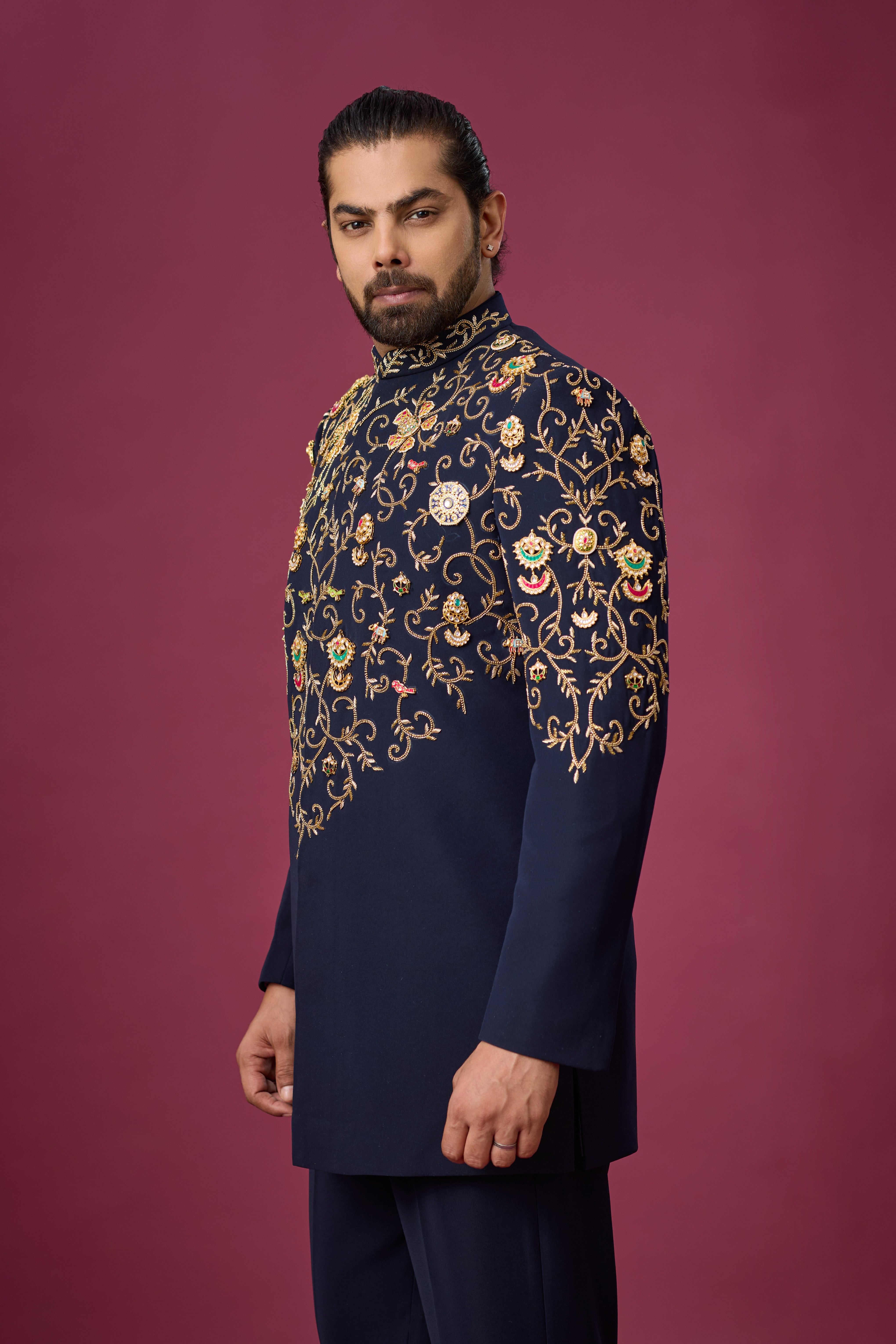 Midnight Regal Gold Vine Embroidered Indo-Western Set