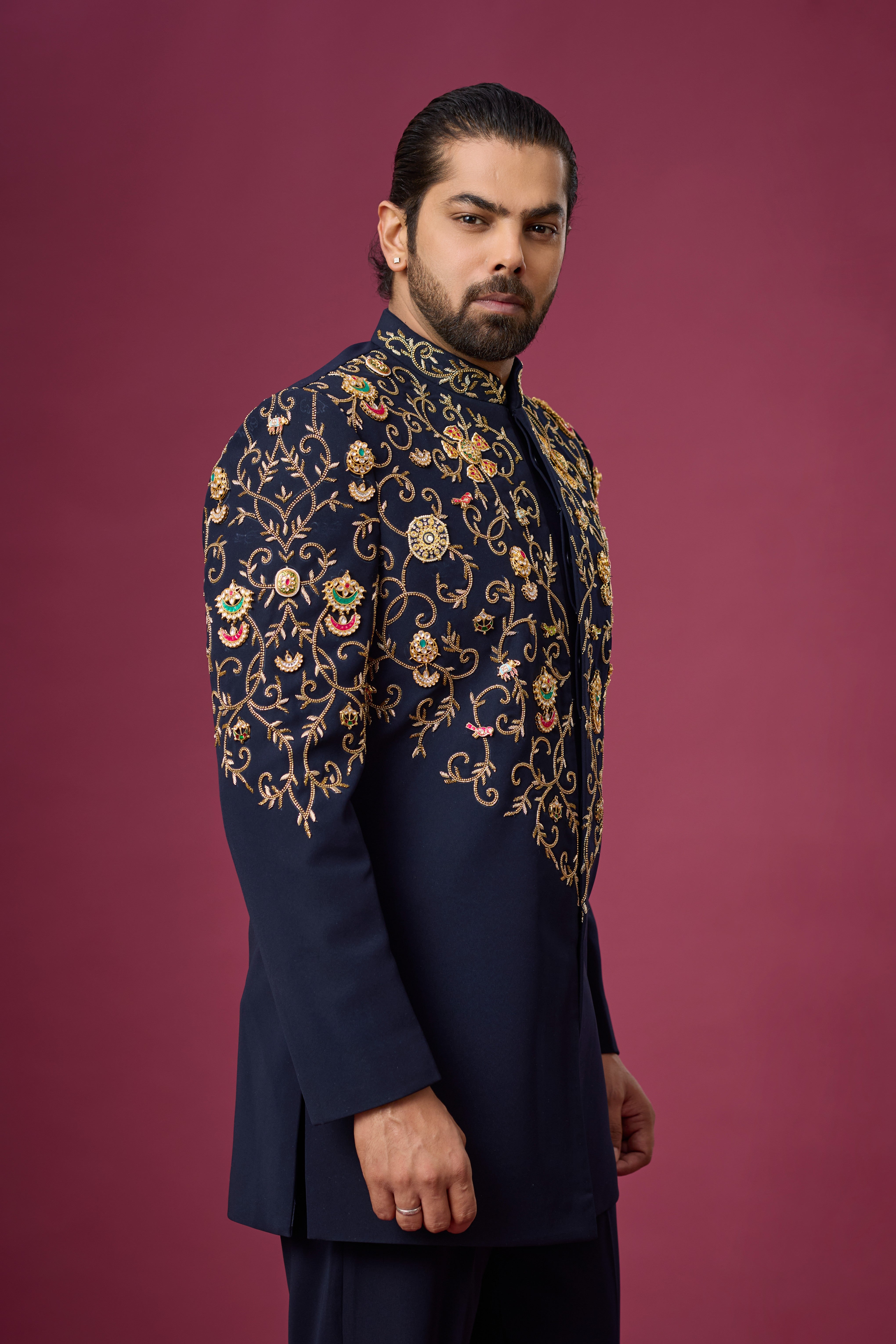 Midnight Regal Gold Vine Embroidered Indo-Western Set