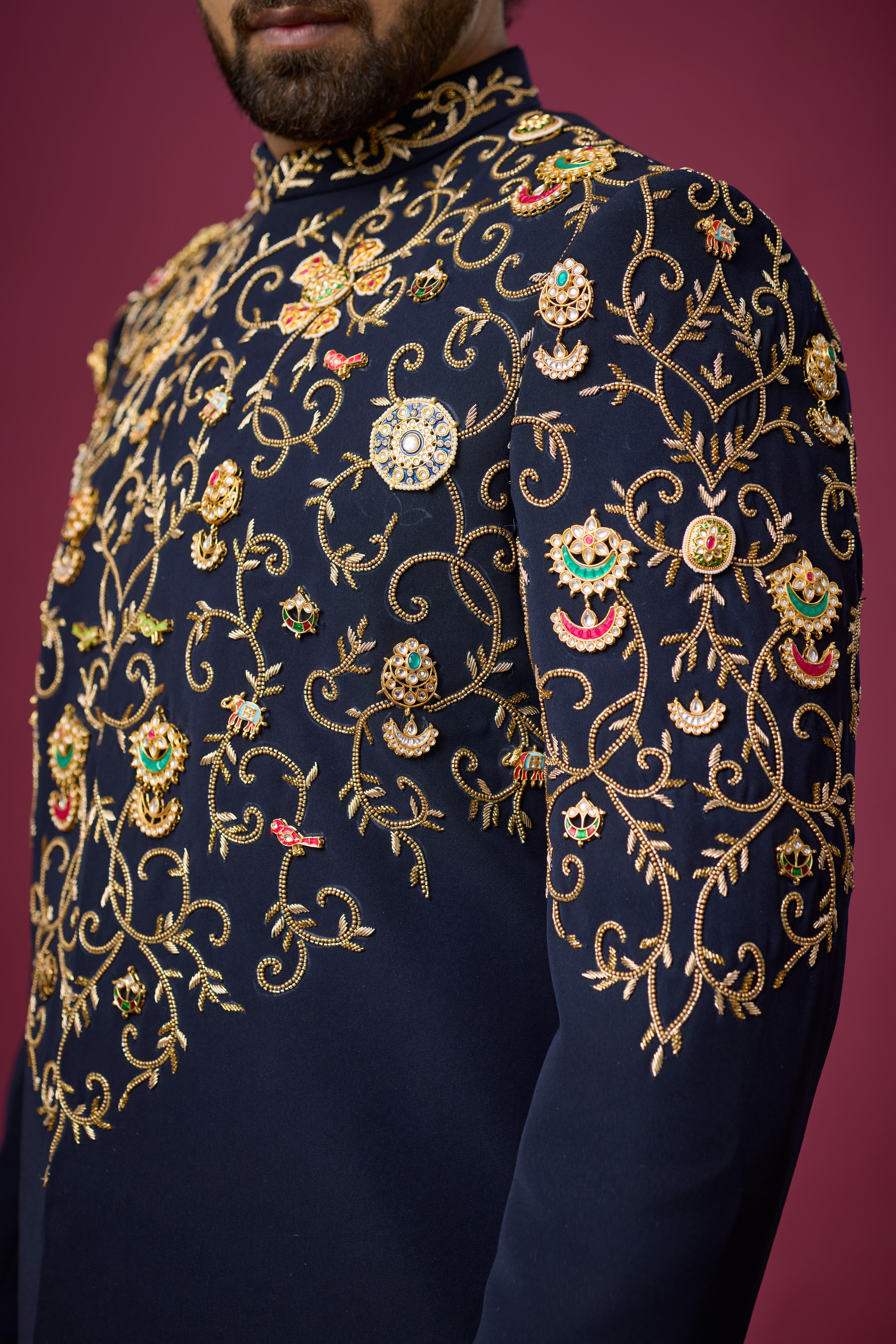Midnight Regal Gold Vine Embroidered Indo-Western Set