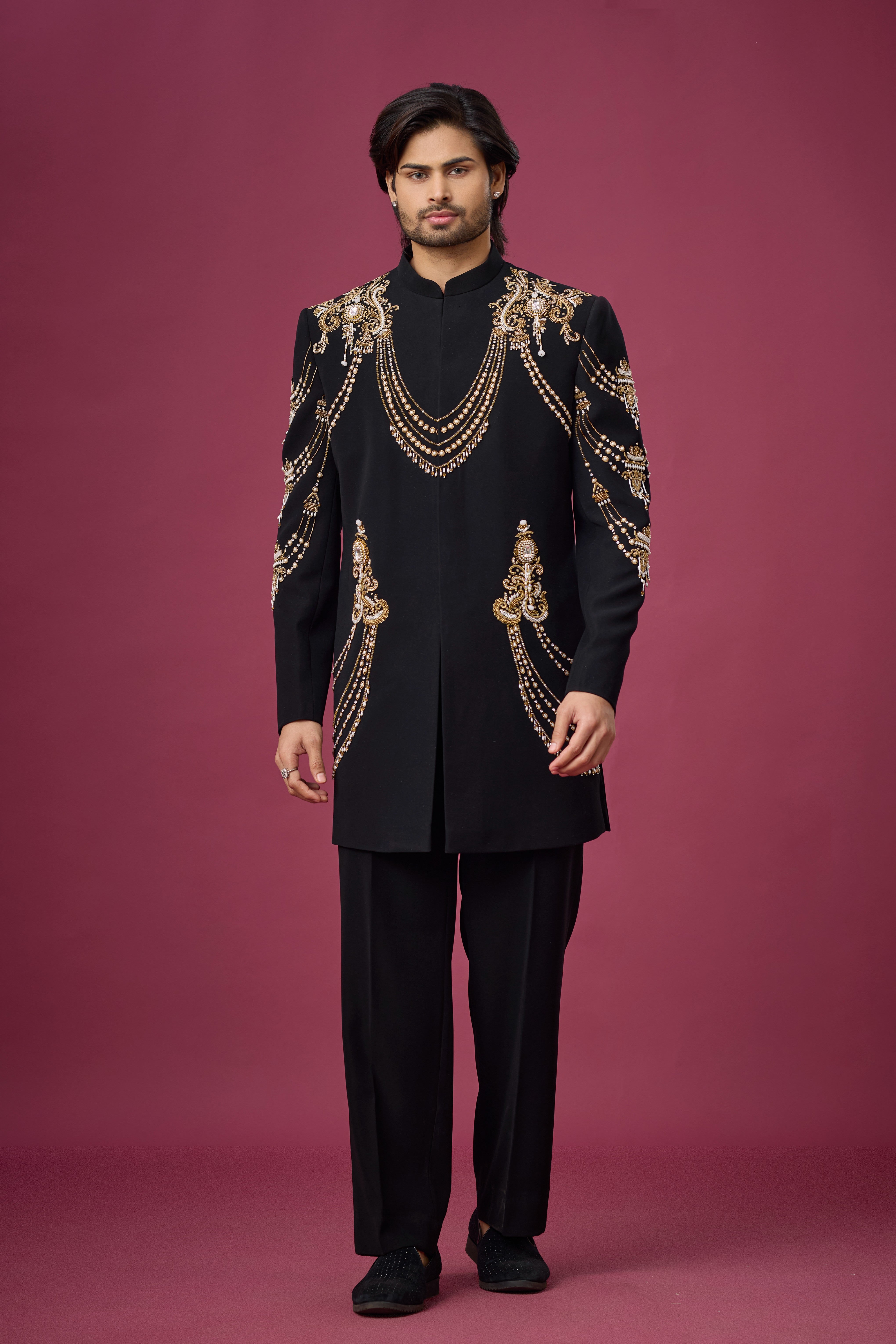 Midnight Gold Regal Drape Embroidered Indo-Western Set
