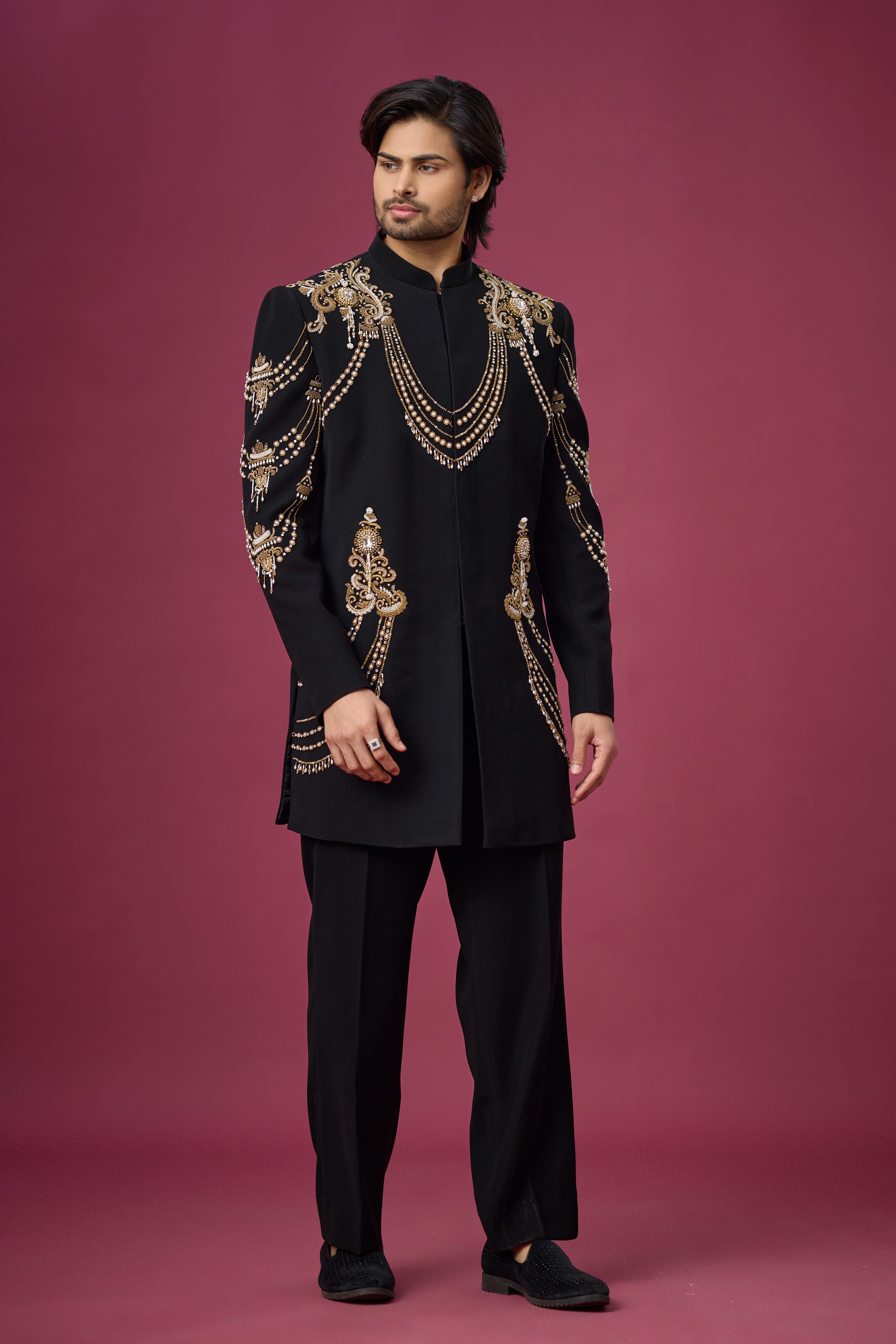 Midnight Gold Regal Drape Embroidered Indo-Western Set