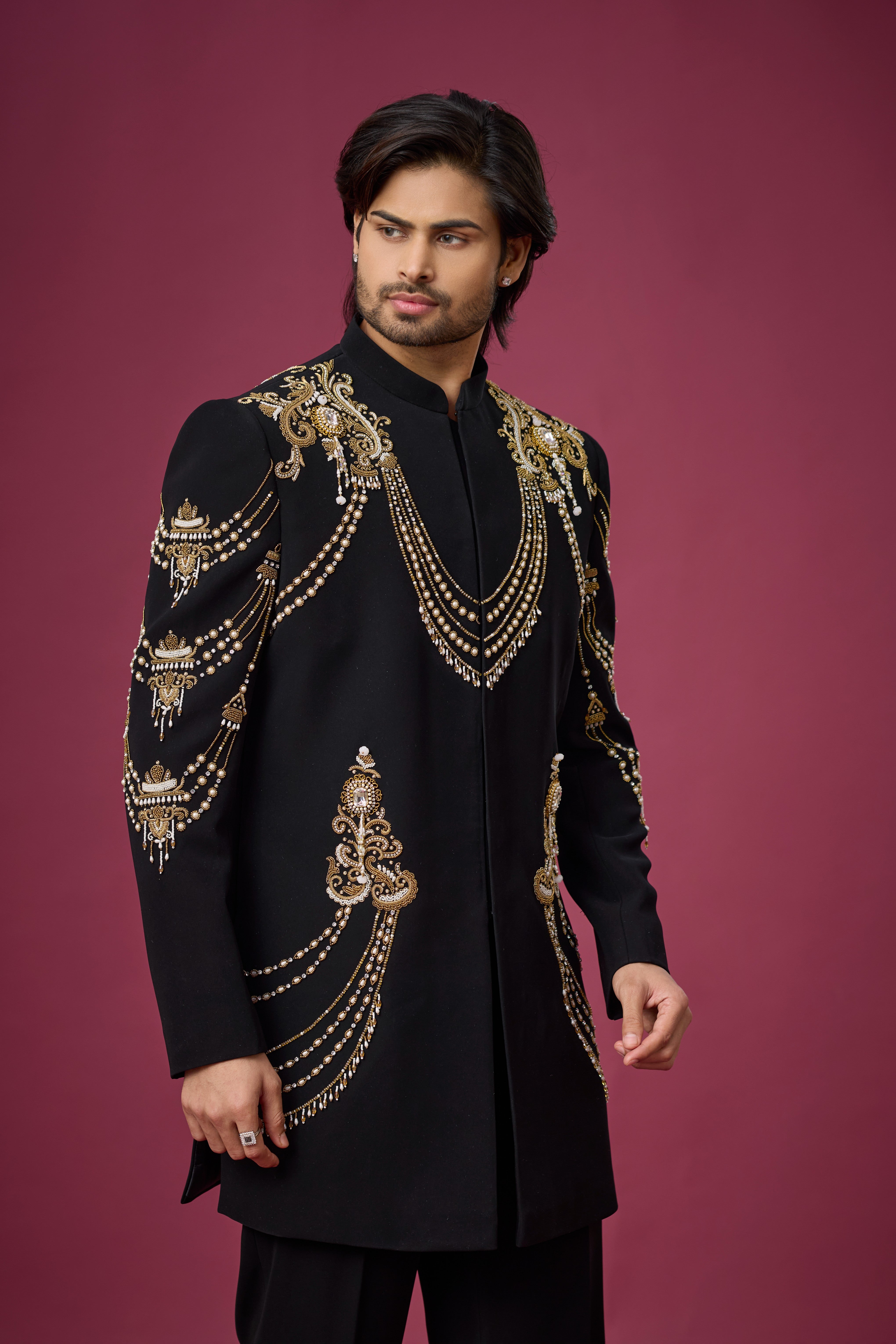 Midnight Gold Regal Drape Embroidered Indo-Western Set