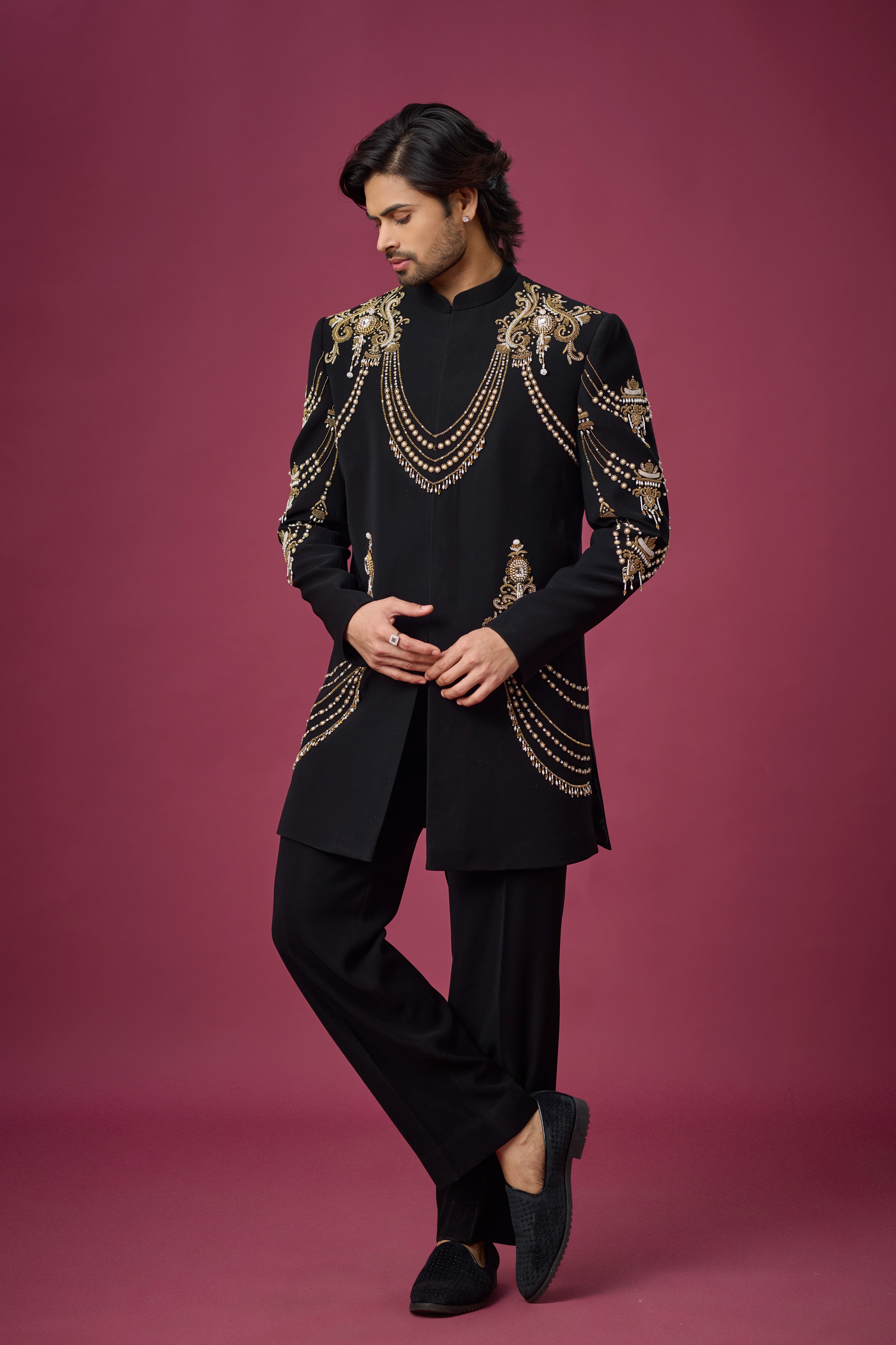 Midnight Gold Regal Drape Embroidered Indo-Western Set