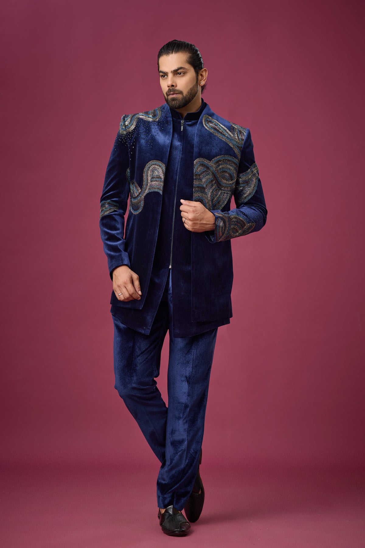 Midnight Navy Velvet Embroidered Indo-Western Set