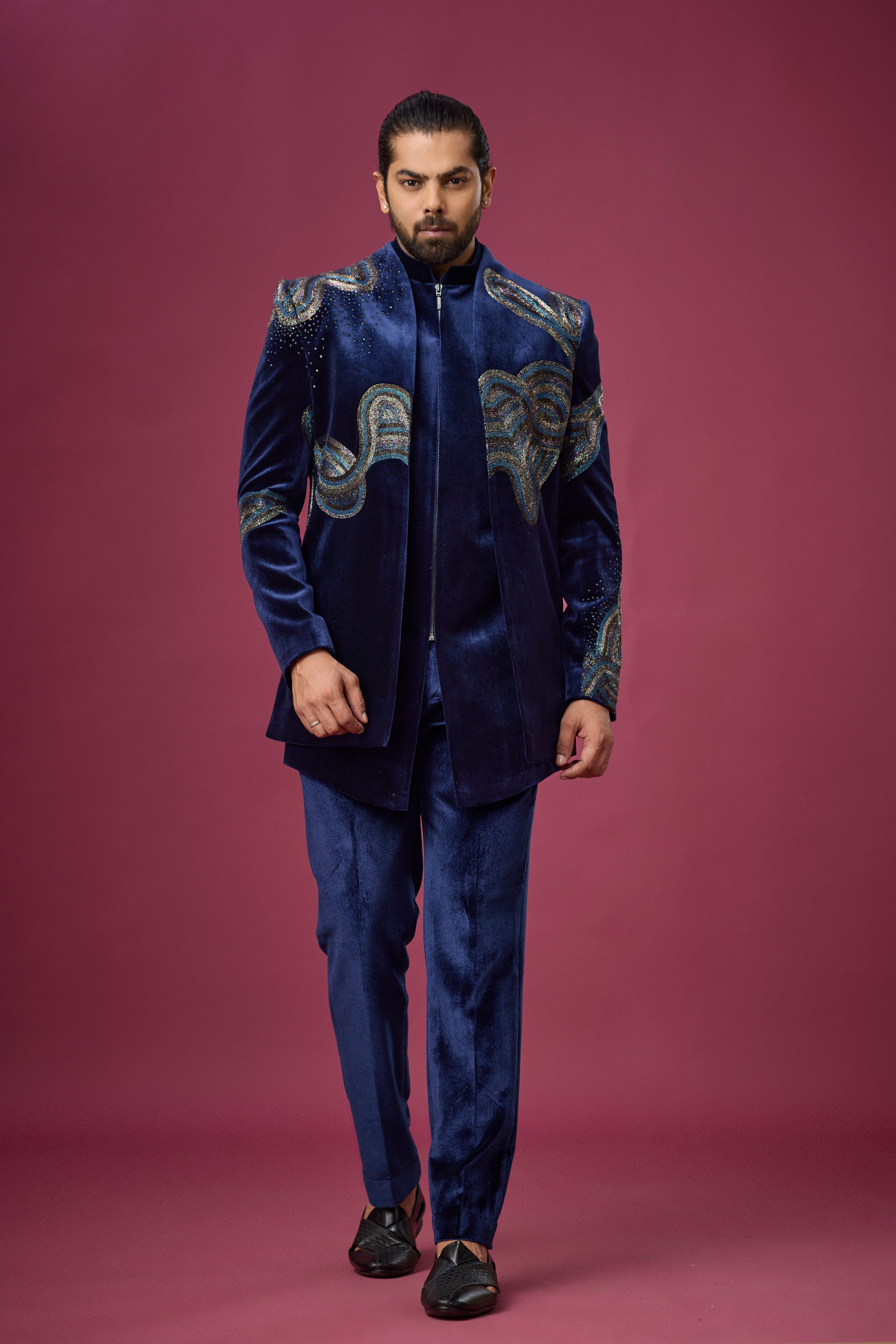 Midnight Navy Velvet Embroidered Indo-Western Set