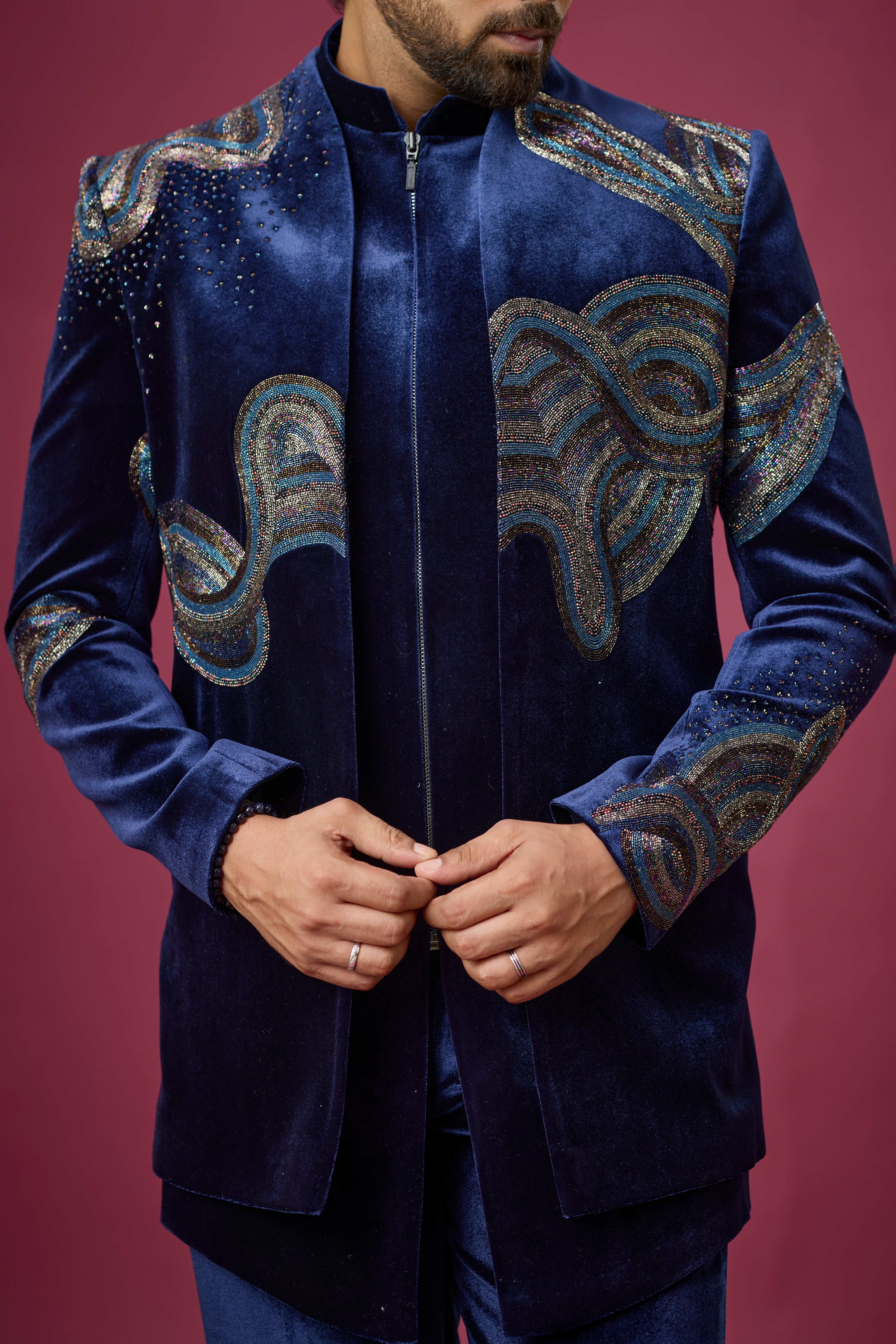 Midnight Navy Velvet Embroidered Indo-Western Set