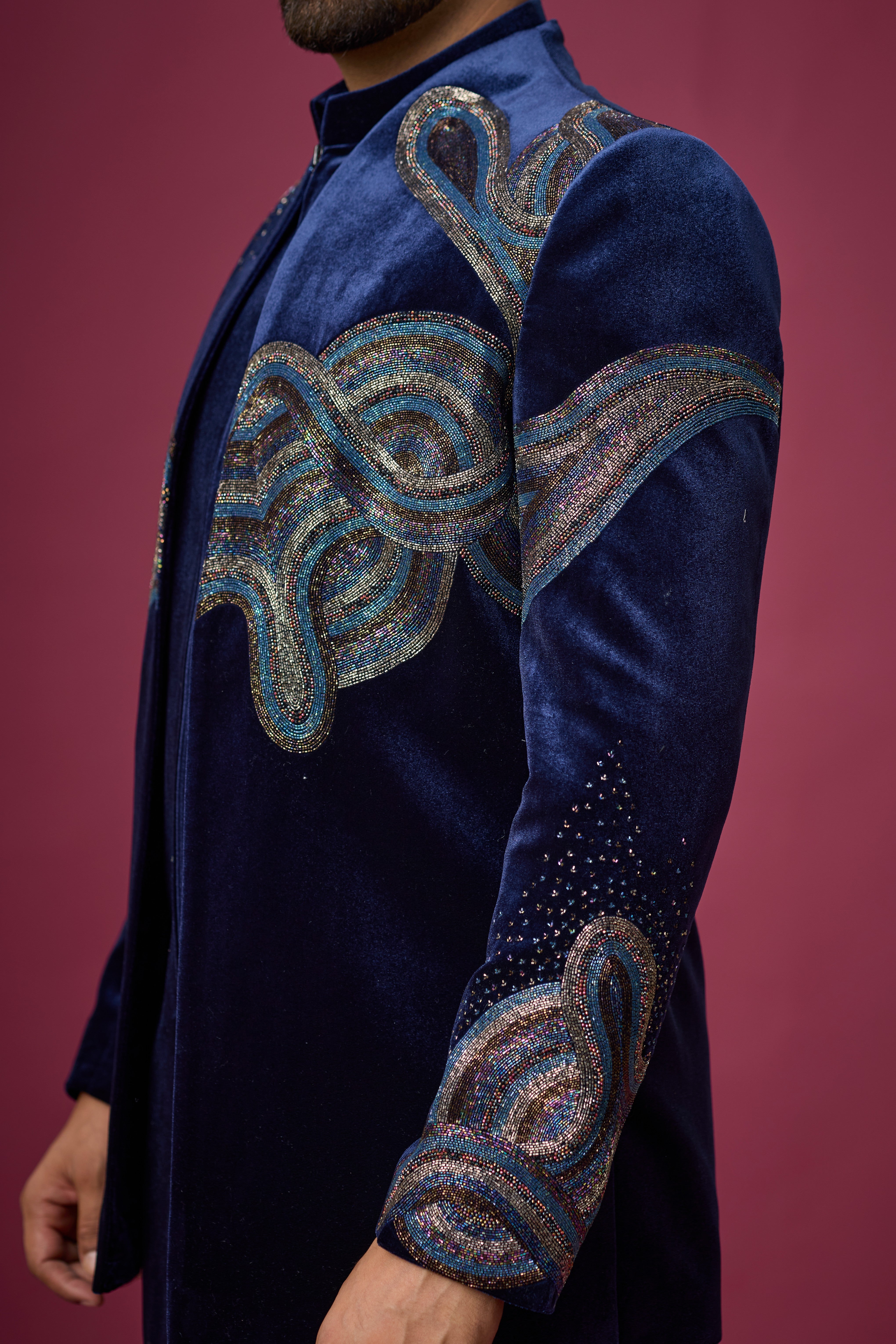 Midnight Navy Velvet Embroidered Indo-Western Set
