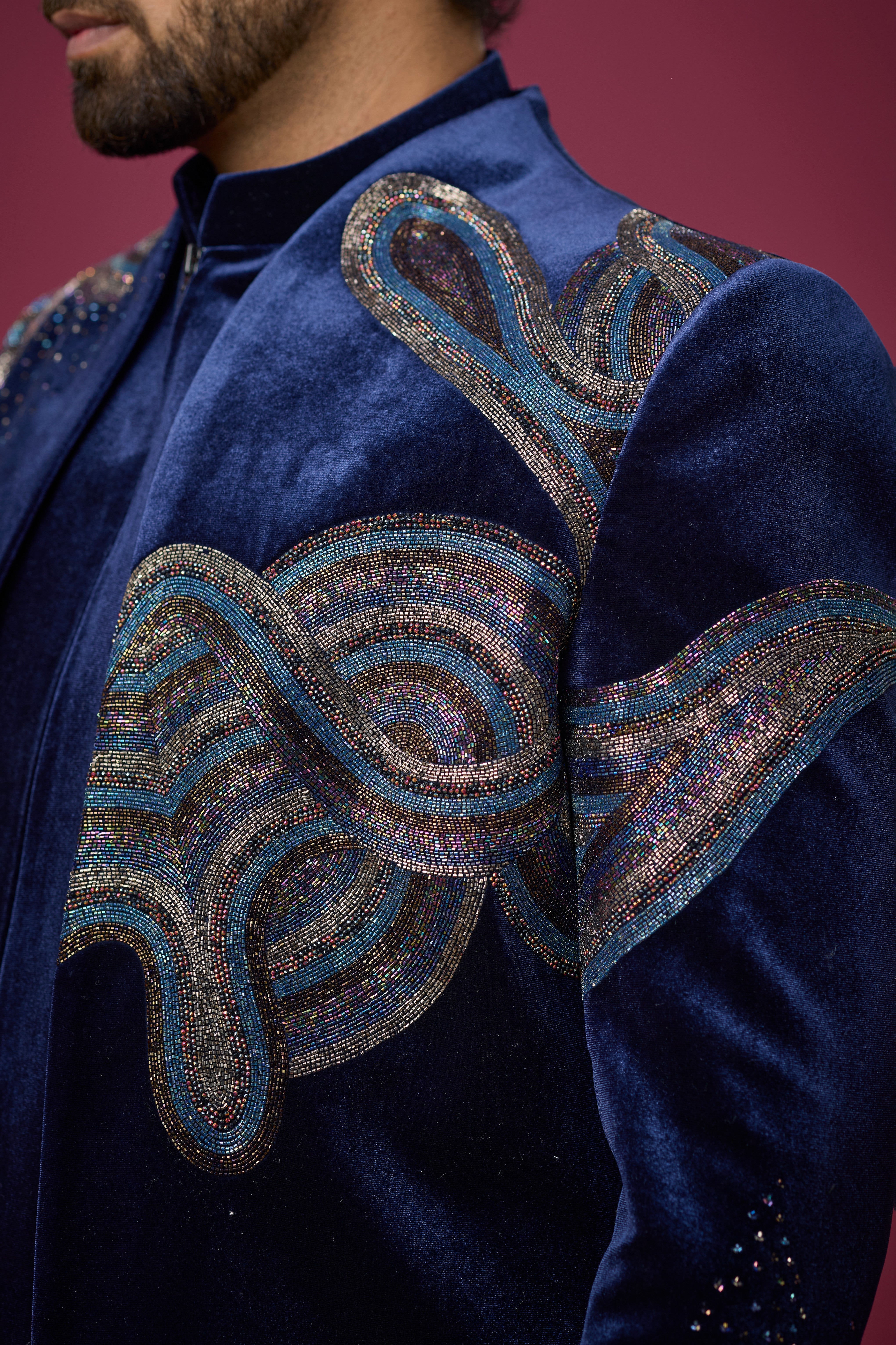 Midnight Navy Velvet Embroidered Indo-Western Set