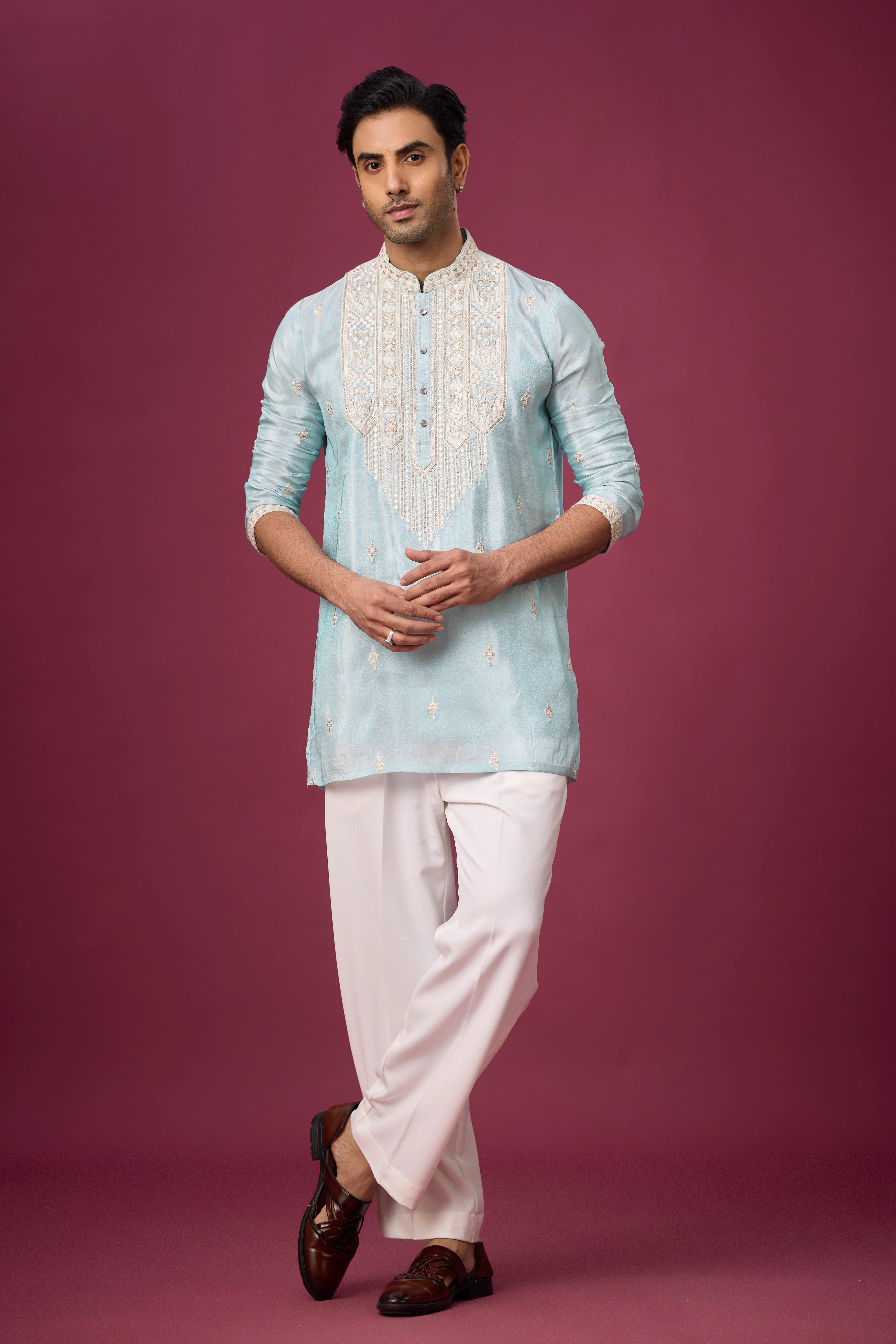 Trending Kurta for Men Online – Aqua Mandarin Collar Heritage Set | Mahavir NX