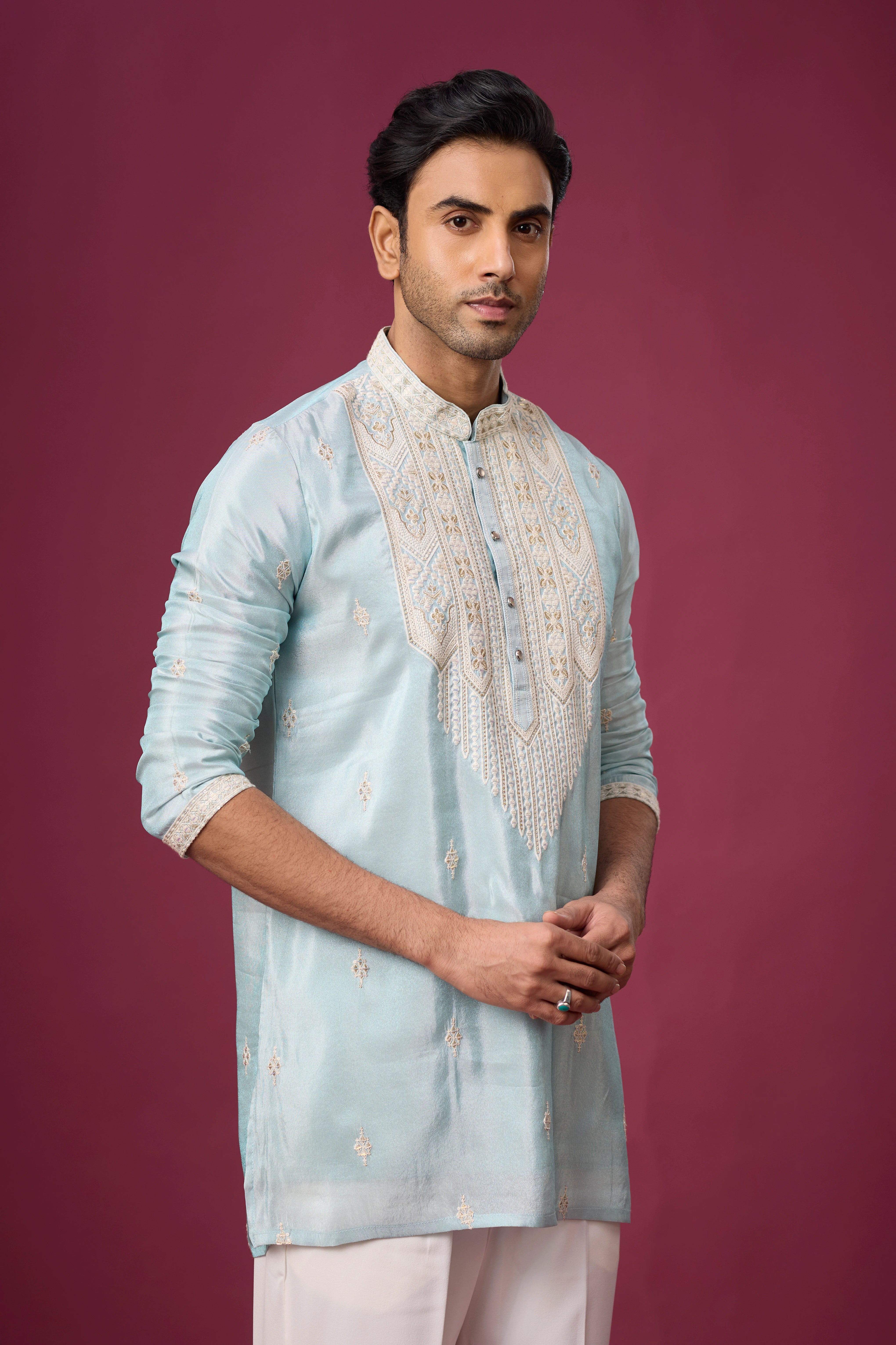 Buy Aqua Heritage Embroidered Kurta Set for Men Online India | Mahavir NX