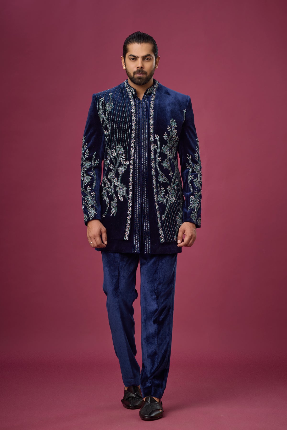 Midnight Navy Botanical Embroidered Indo-Western Set