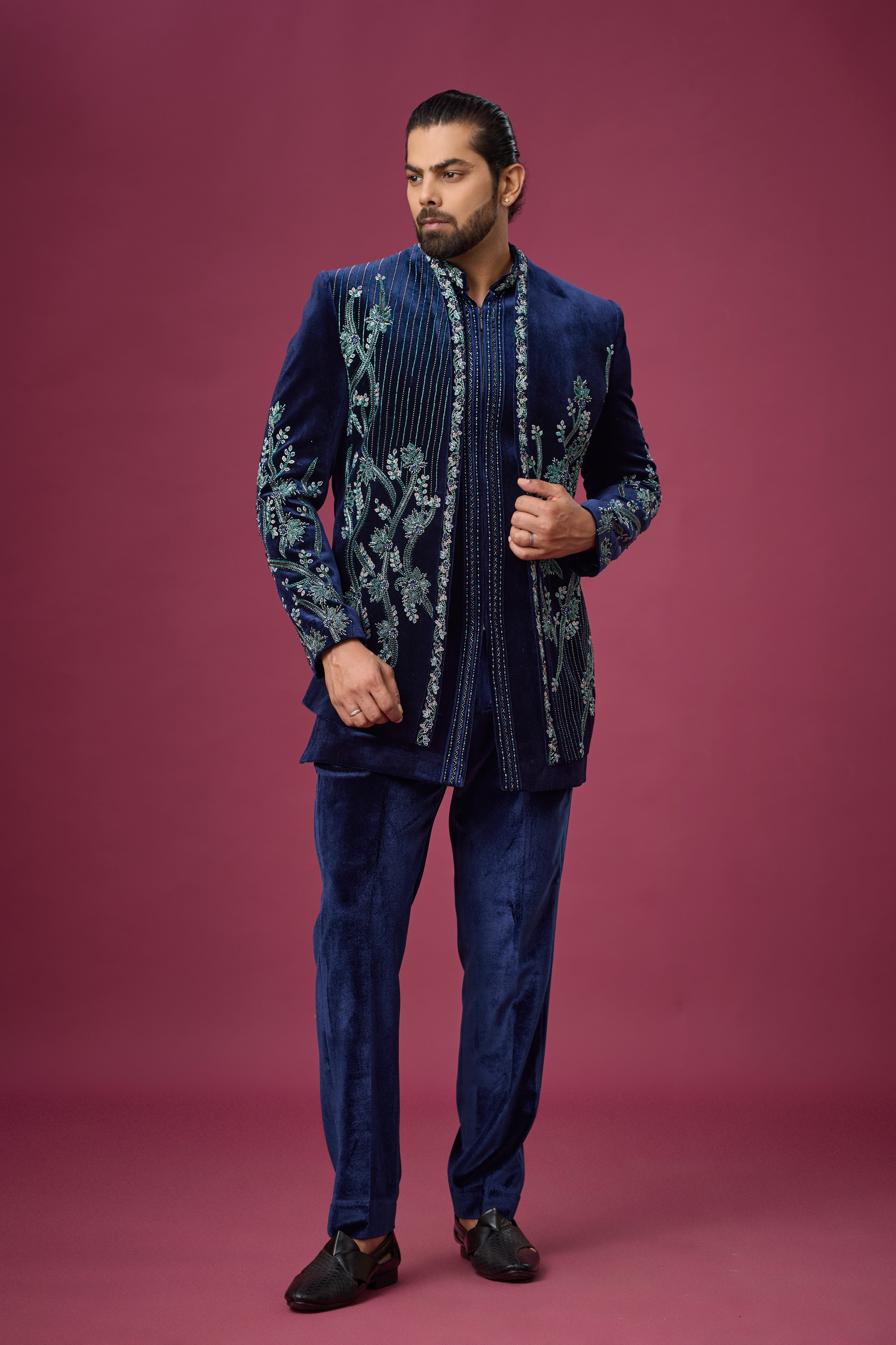 Midnight Navy Botanical Embroidered Indo-Western Set