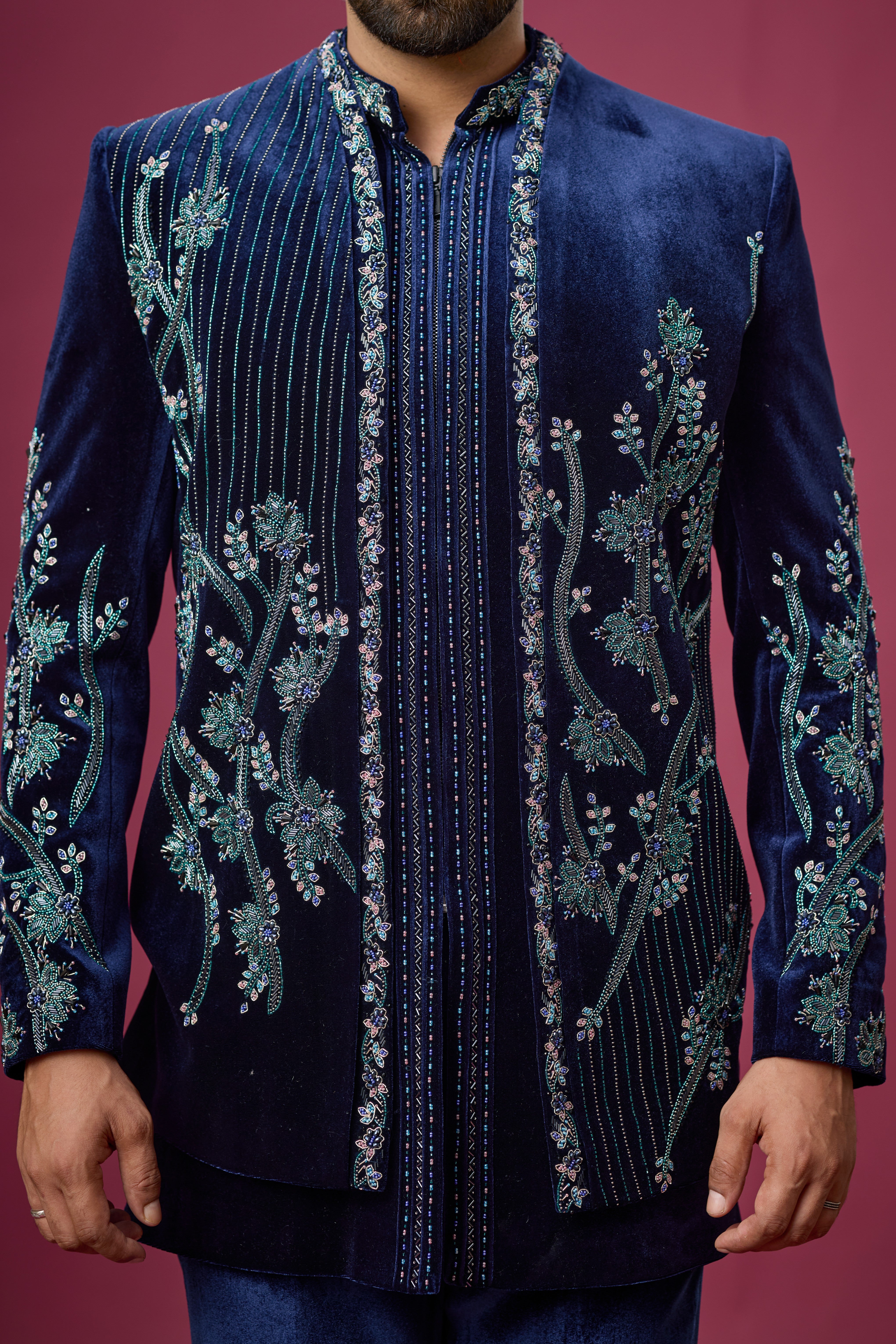 Midnight Navy Botanical Embroidered Indo-Western Set