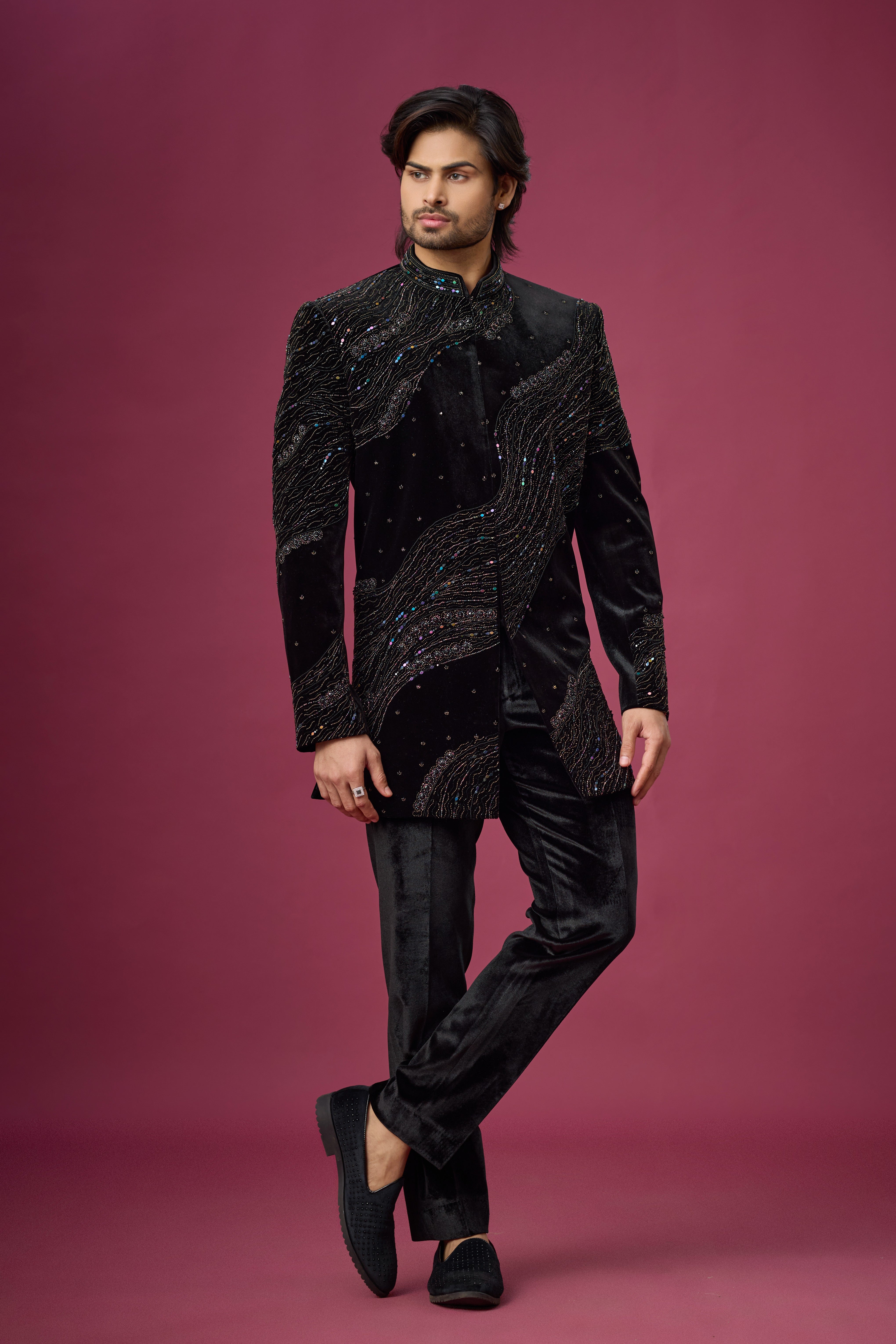 Midnight Noir Wave Embroidered Indo-Western Set