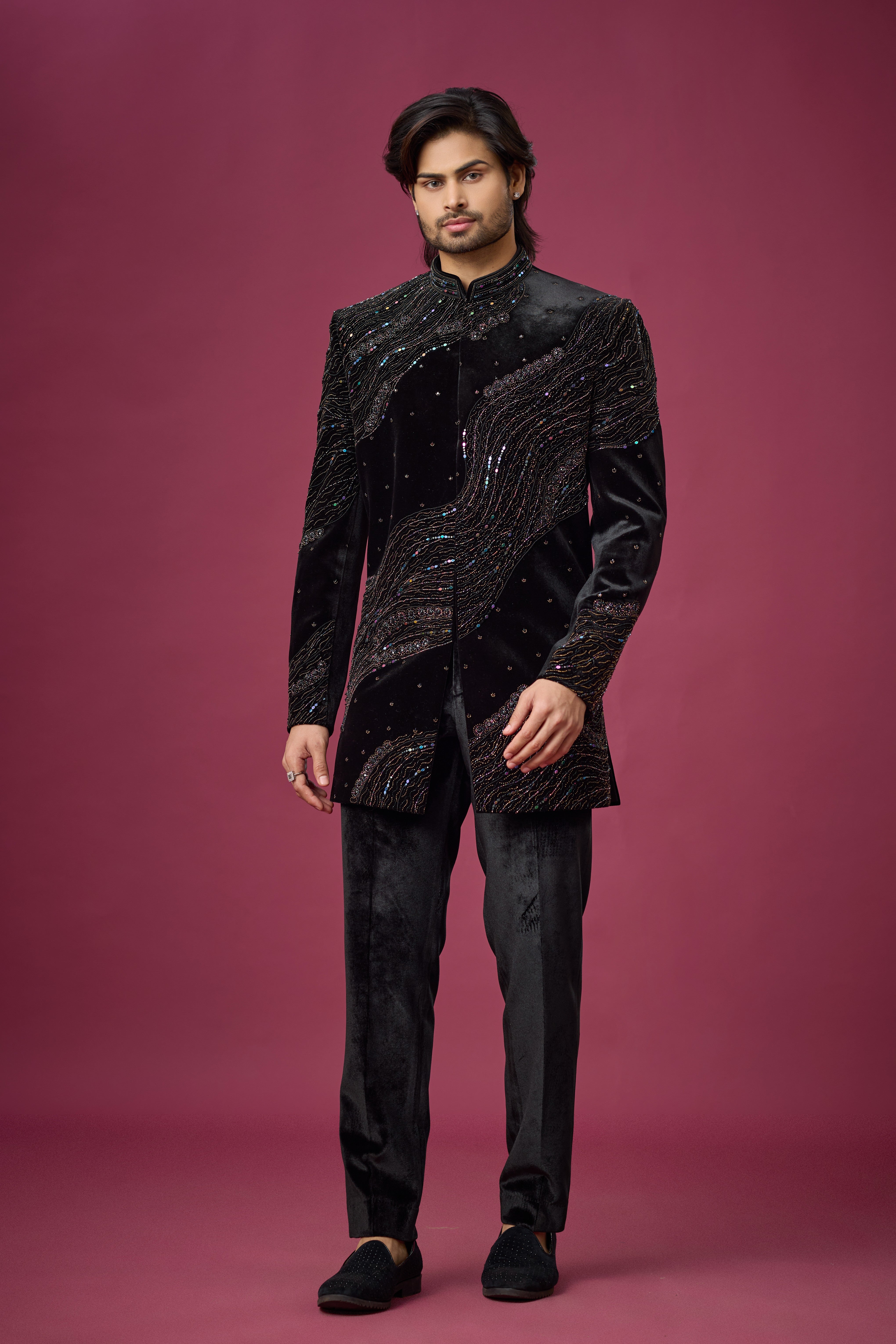 Midnight Noir Wave Embroidered Indo-Western Set