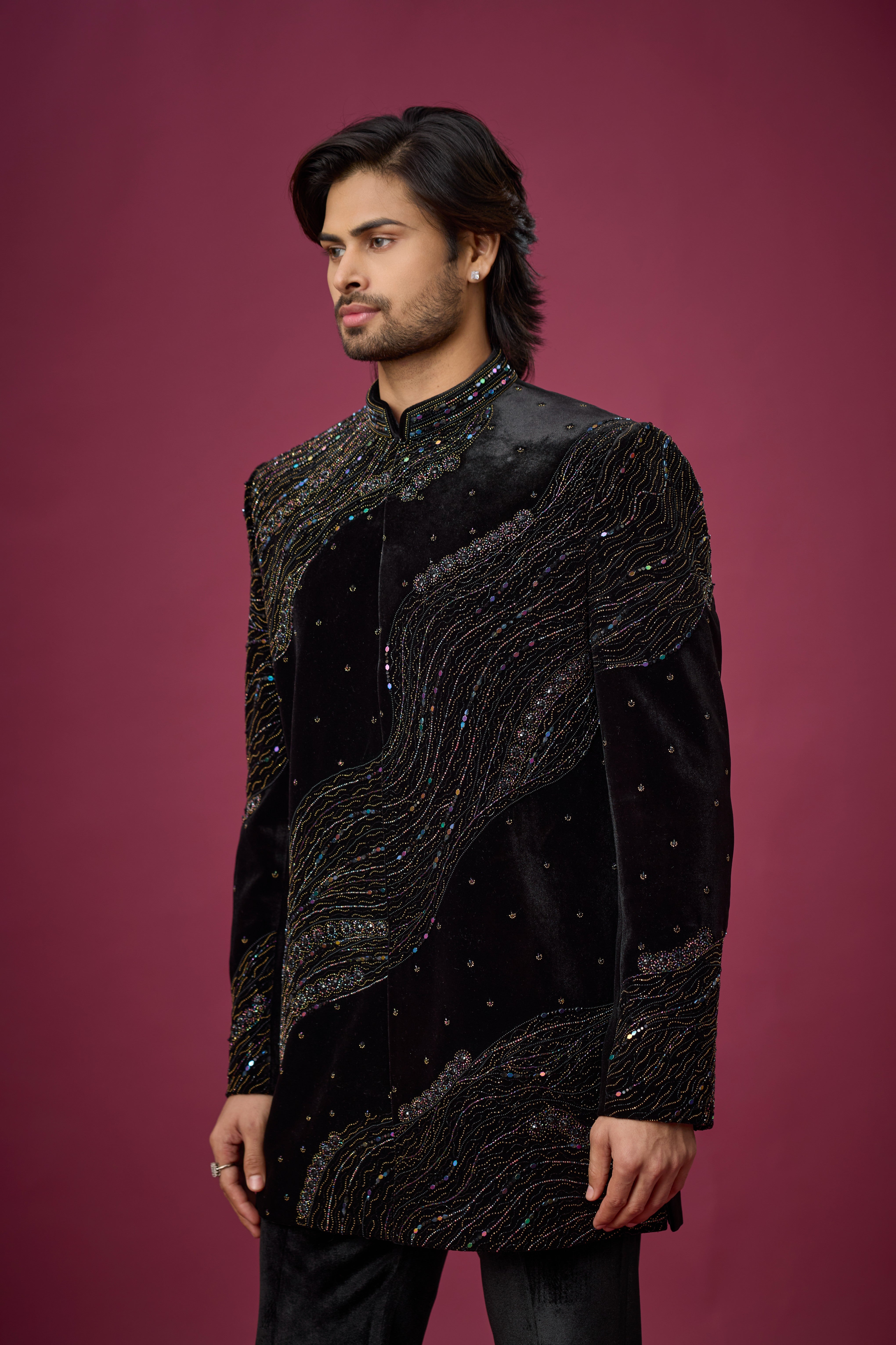 Midnight Noir Wave Embroidered Indo-Western Set