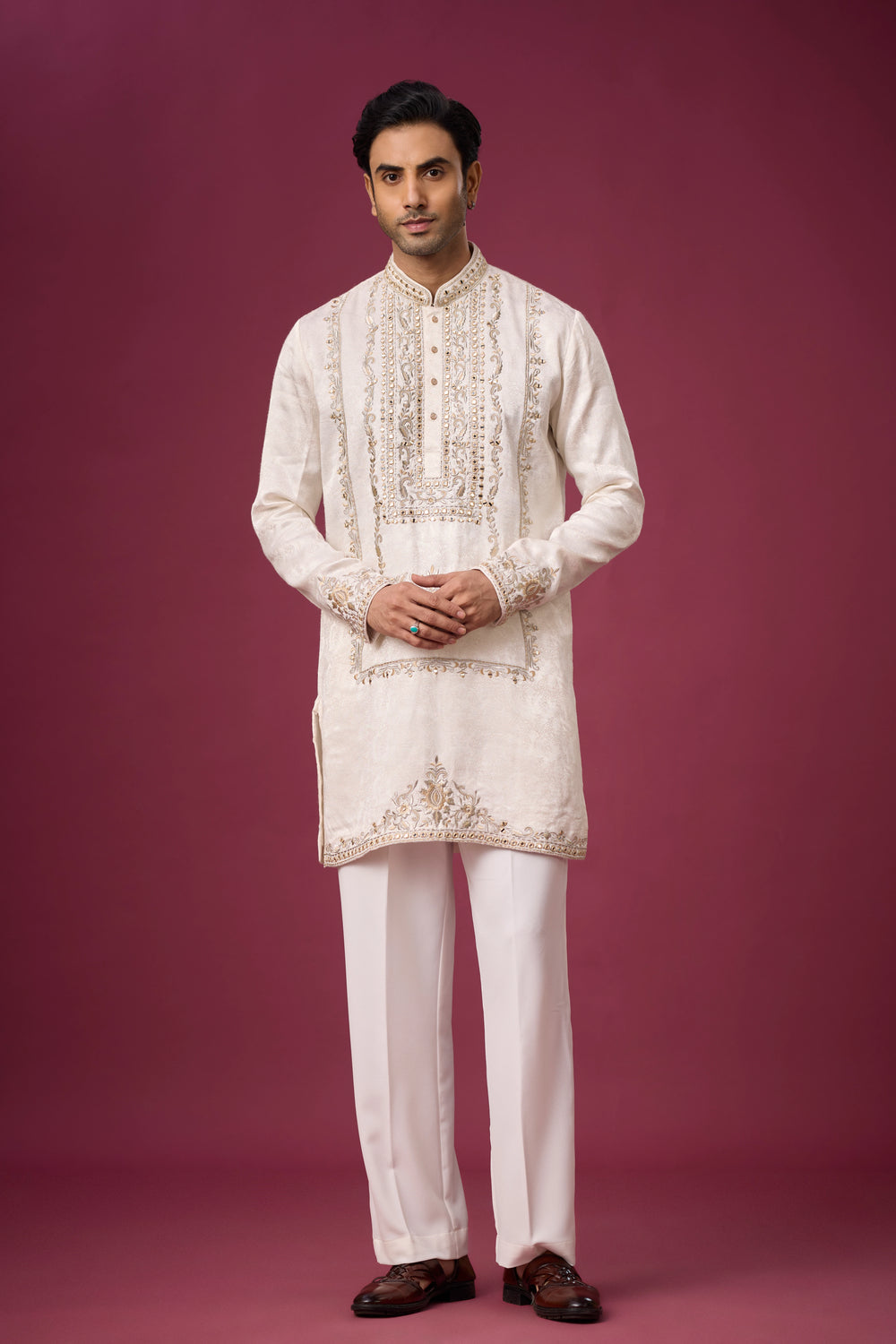 Groom Kurta Set for Men – Ivory Regal Panel Embroidered Ethnic Wear | Mahavir NX