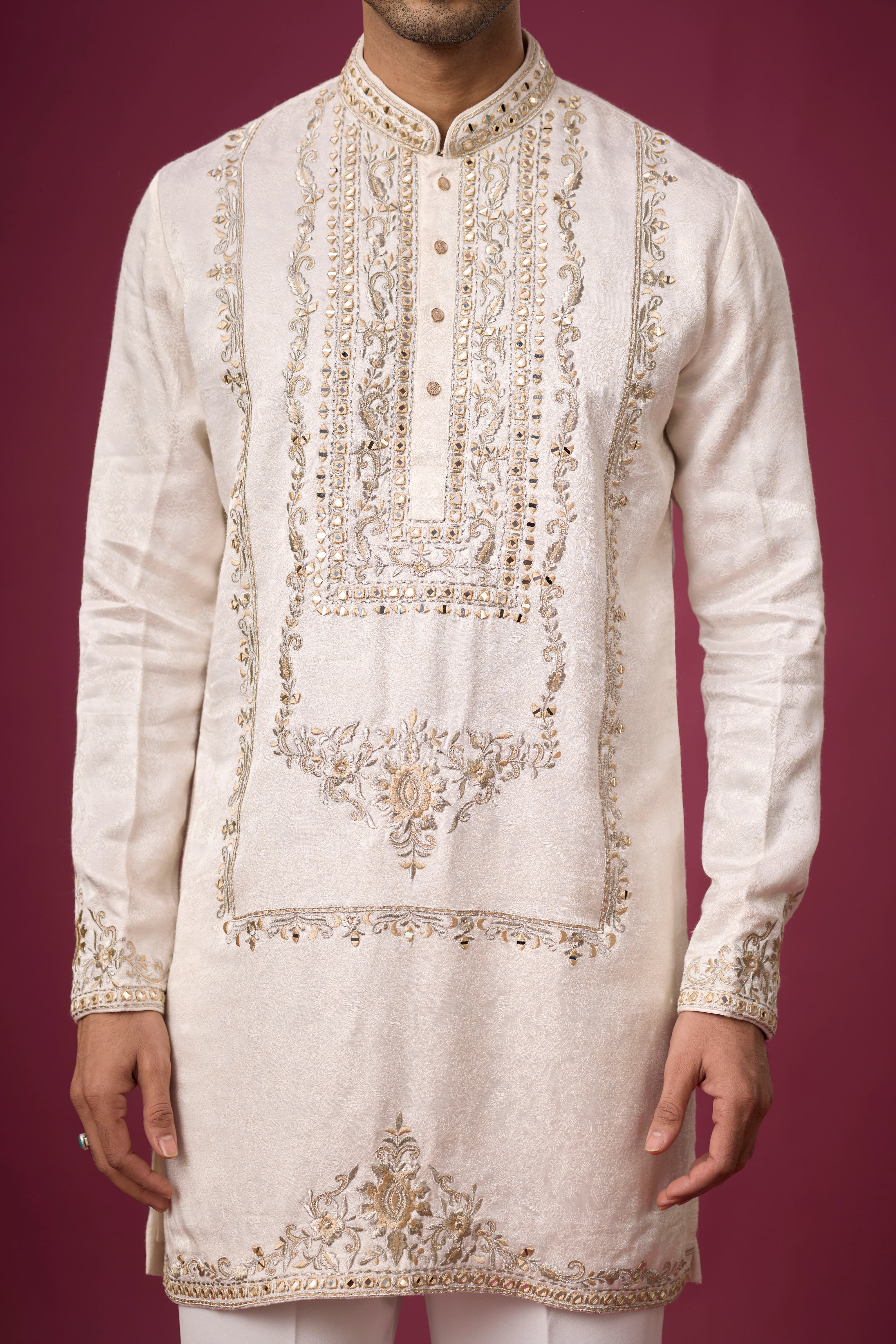 Luxury Regal Panel Embroidered Ivory Ethnic Kurta – Side View | Mahavir NX