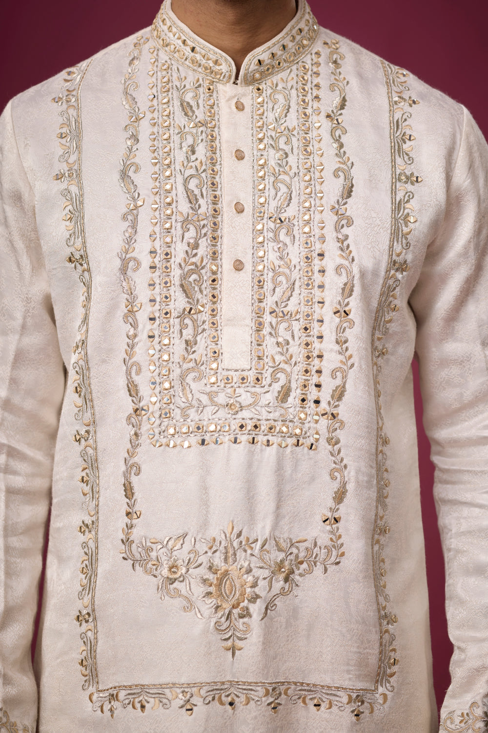 Floral Motif Hem Border Ivory Kurta Set – Reception Wear | Mahavir NX
