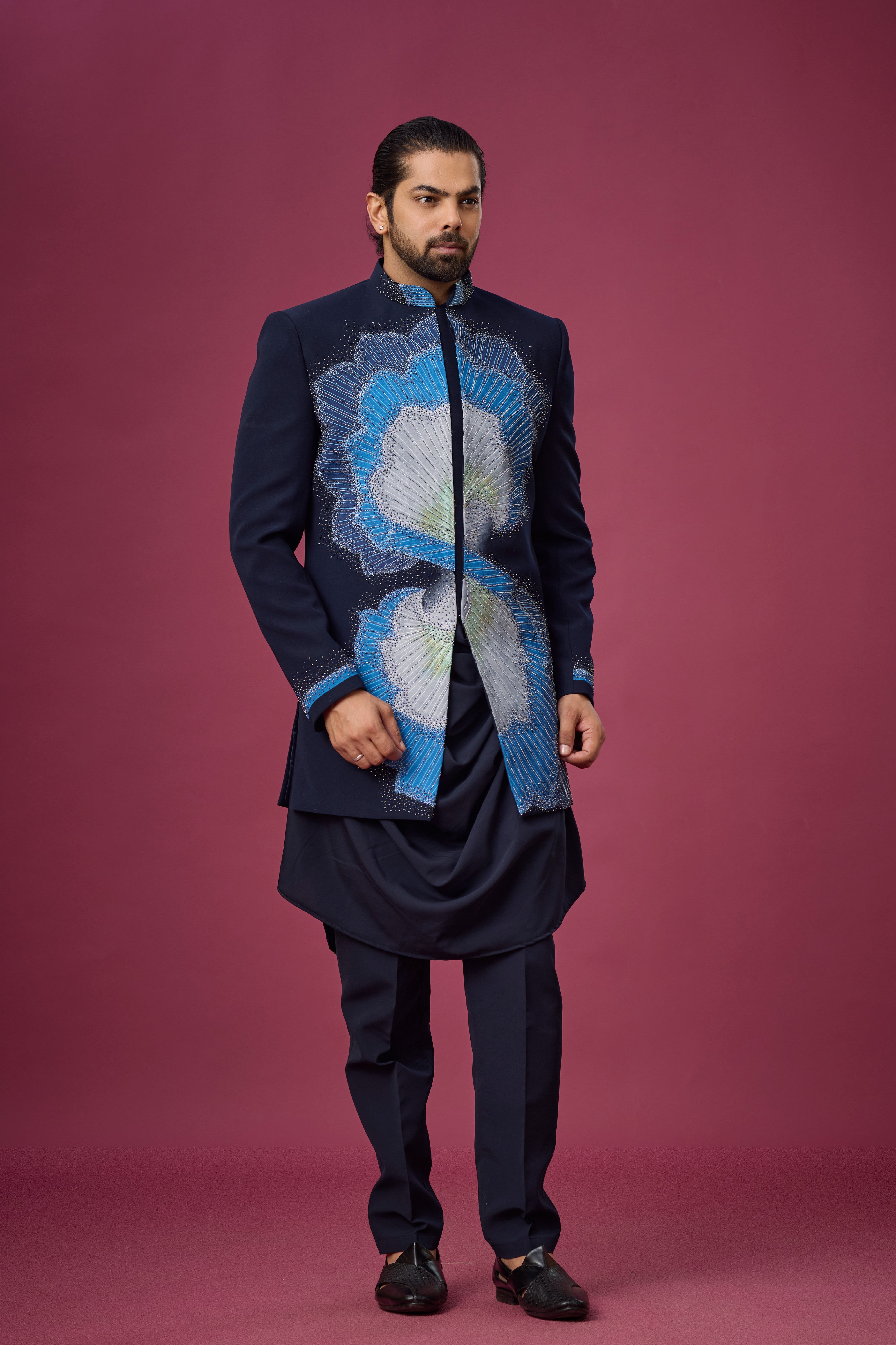 Midnight Sapphire Peacock Embellished Indo-Western Ensemble