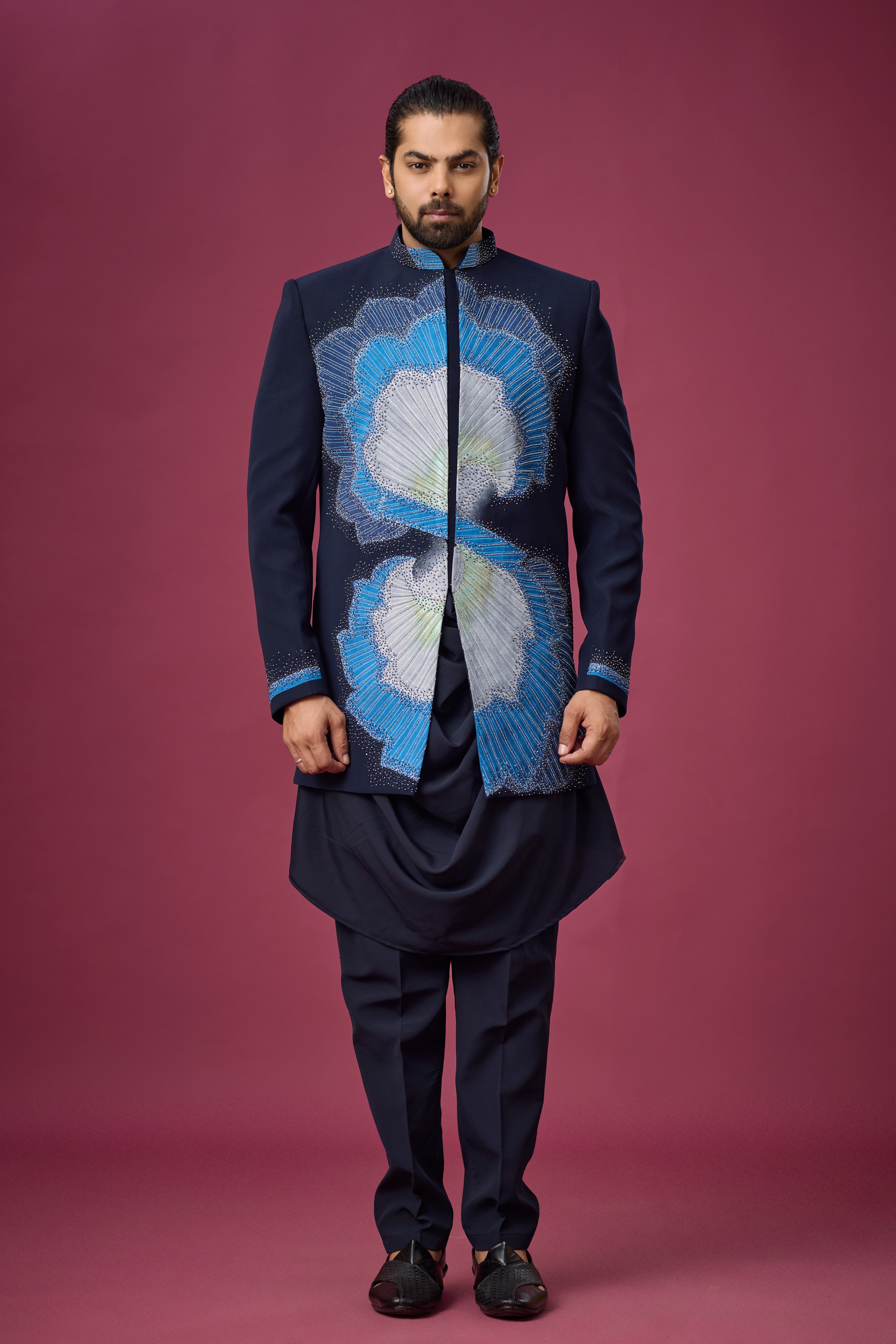 Midnight Sapphire Peacock Embellished Indo-Western Ensemble