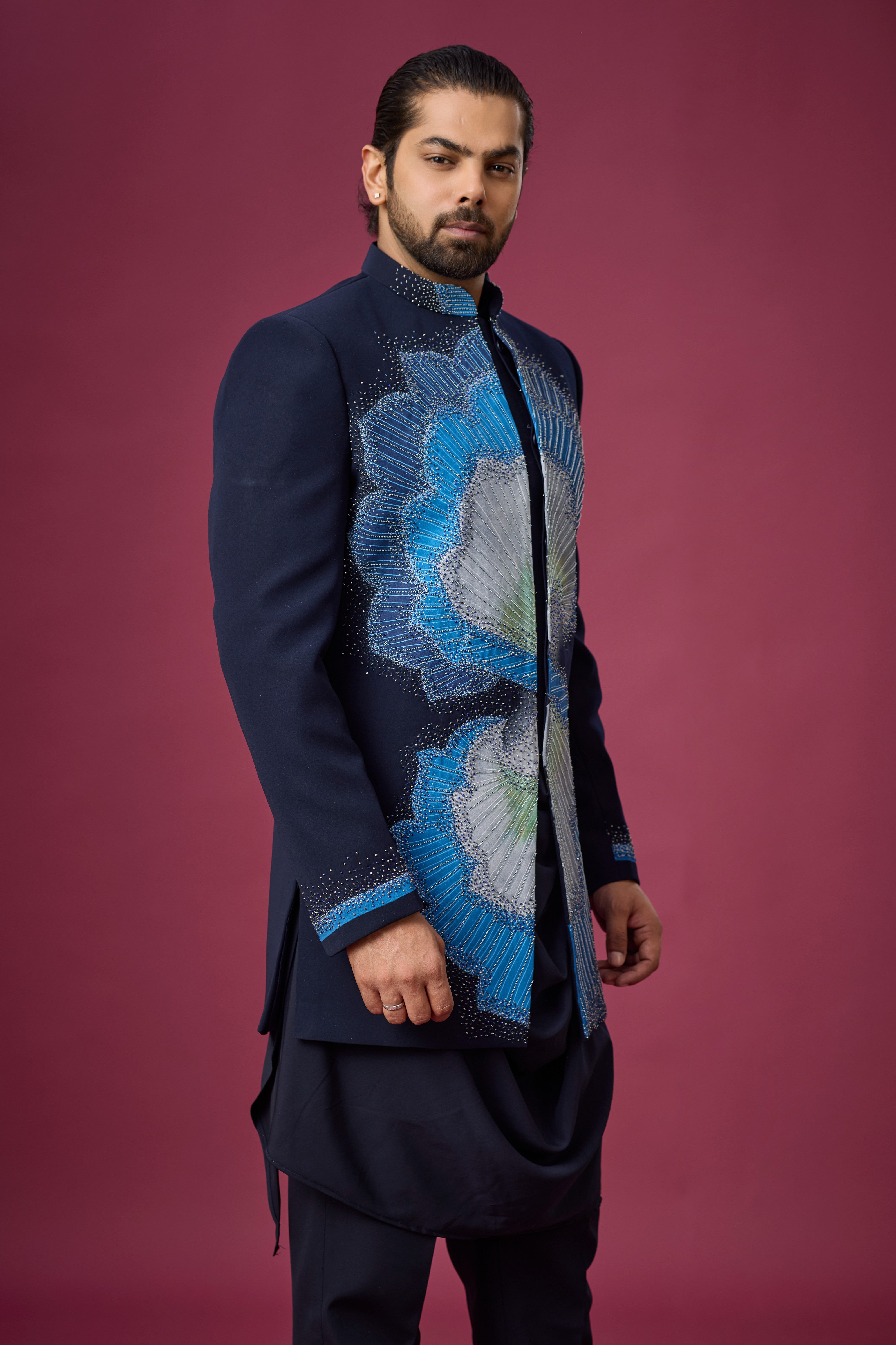 Midnight Sapphire Peacock Embellished Indo-Western Ensemble