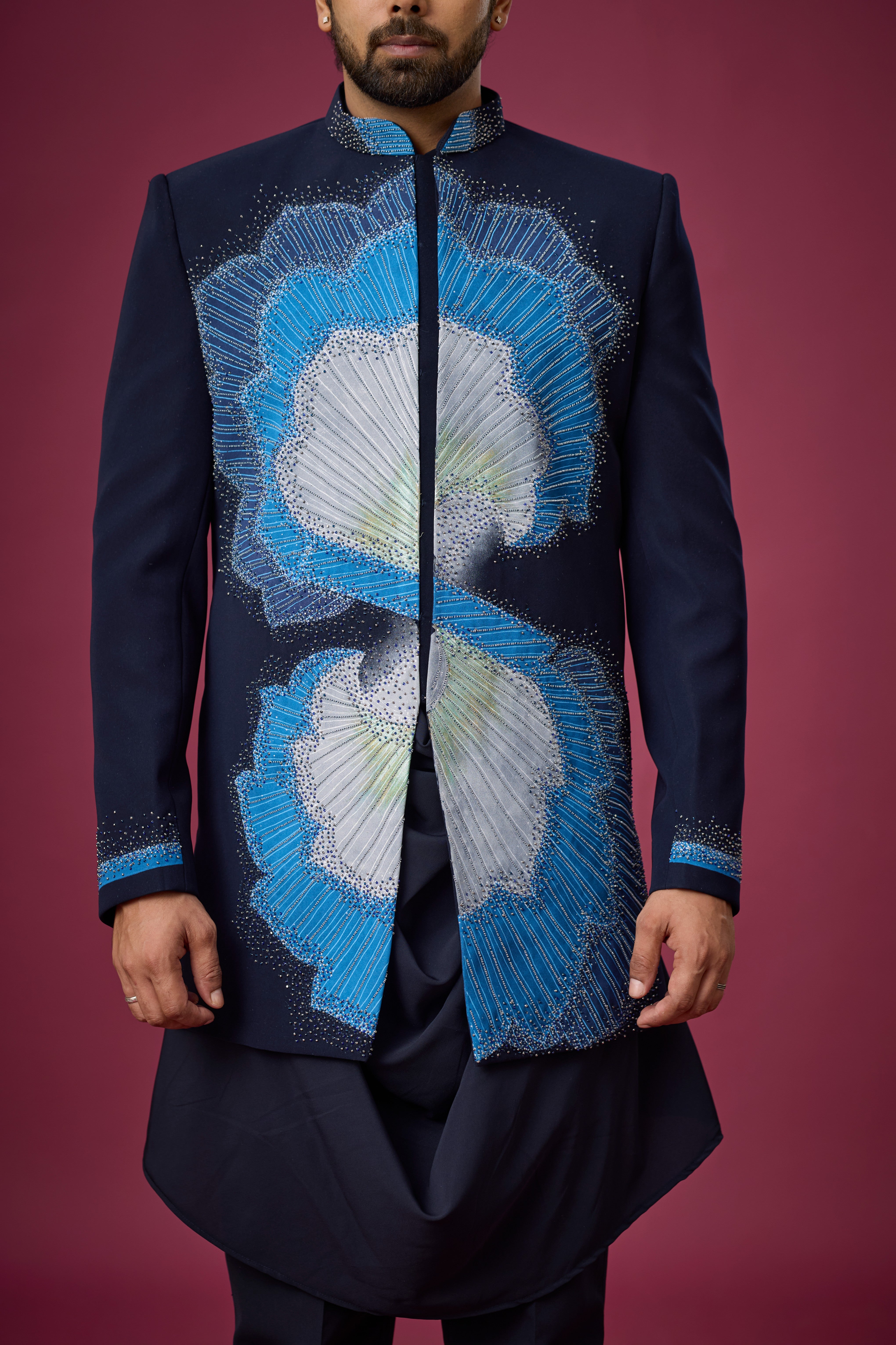 Midnight Sapphire Peacock Embellished Indo-Western Ensemble