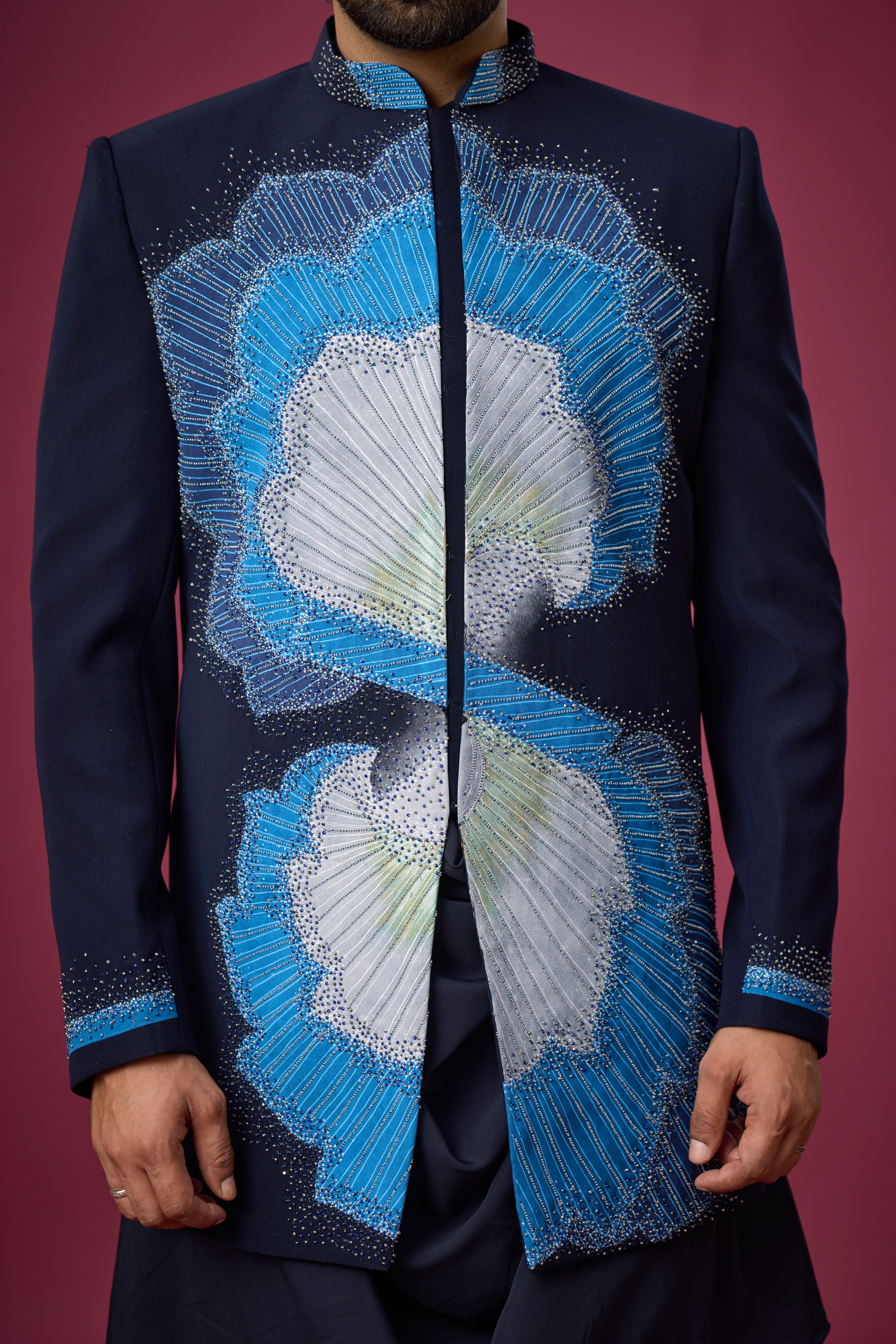 Midnight Sapphire Peacock Embellished Indo-Western Ensemble